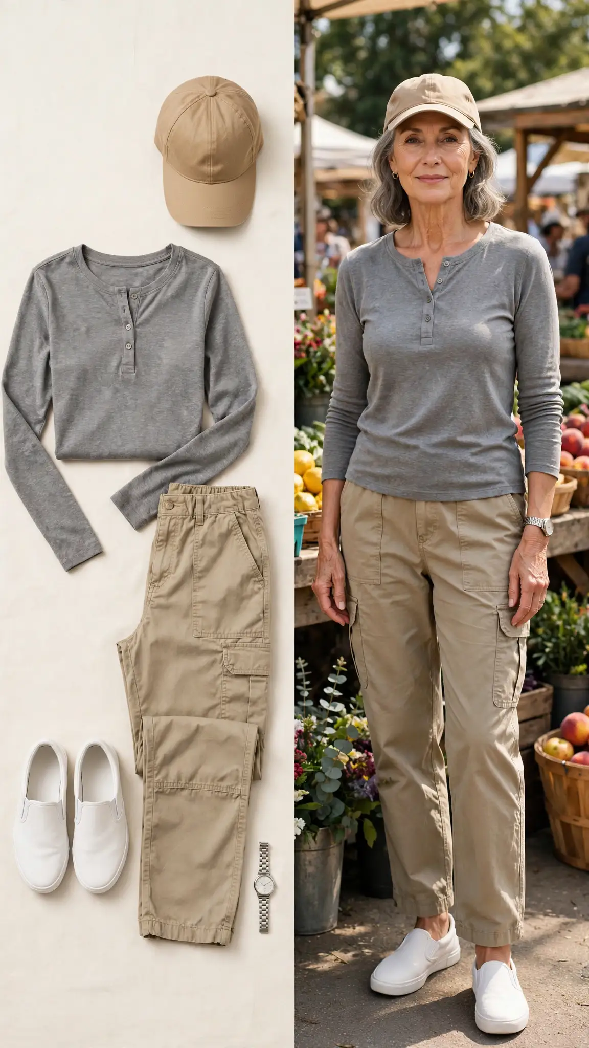 Split outfit idea: Relaxed Cargo Pants with a Simple Henley flat lay, and a mature woman over 50 wearing it