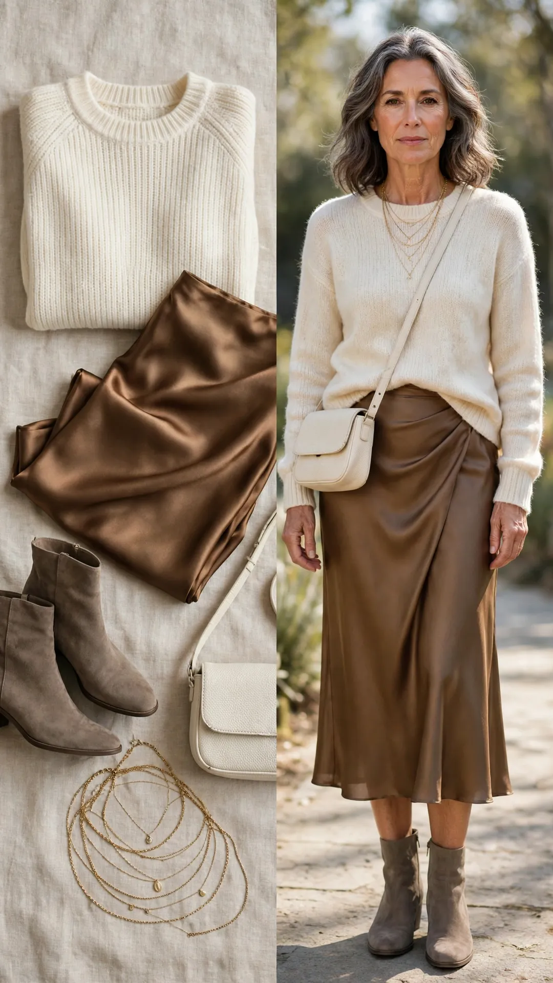 Split outfit idea: ivory crewneck sweater, bronze satin bias midi skirt, taupe suede ankle boots and cream crossbody flat lay, and a mature woman wearing them