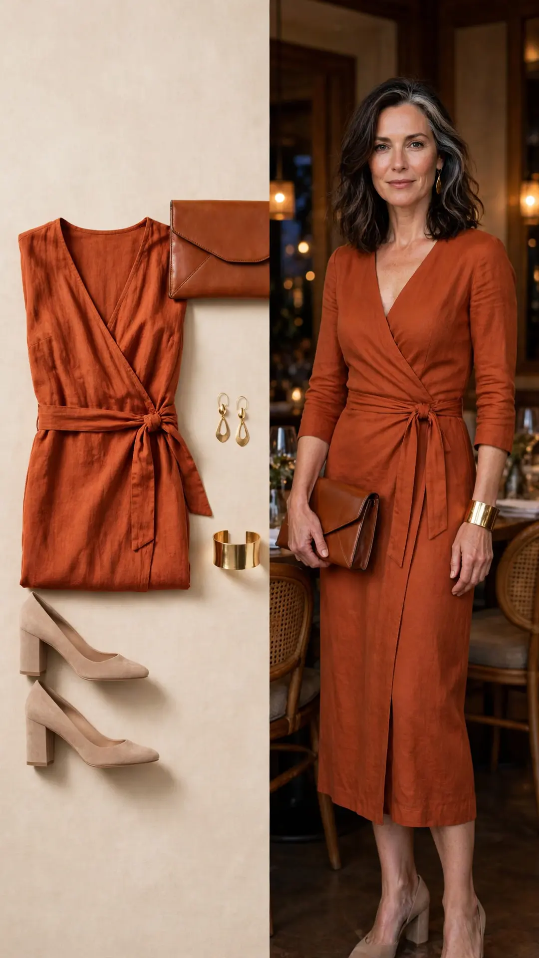 Split outfit idea: rust orange wrap midi dress, nude block heels, gold cuff and cognac clutch flat lay, and a mature woman wearing the full outfit in a restaurant