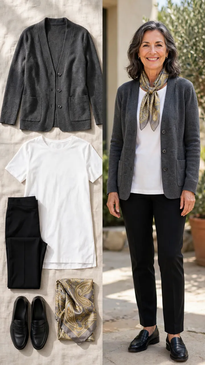 Split outfit idea: The Jersey Layer flat lay, and a mature woman over 50 wearing it