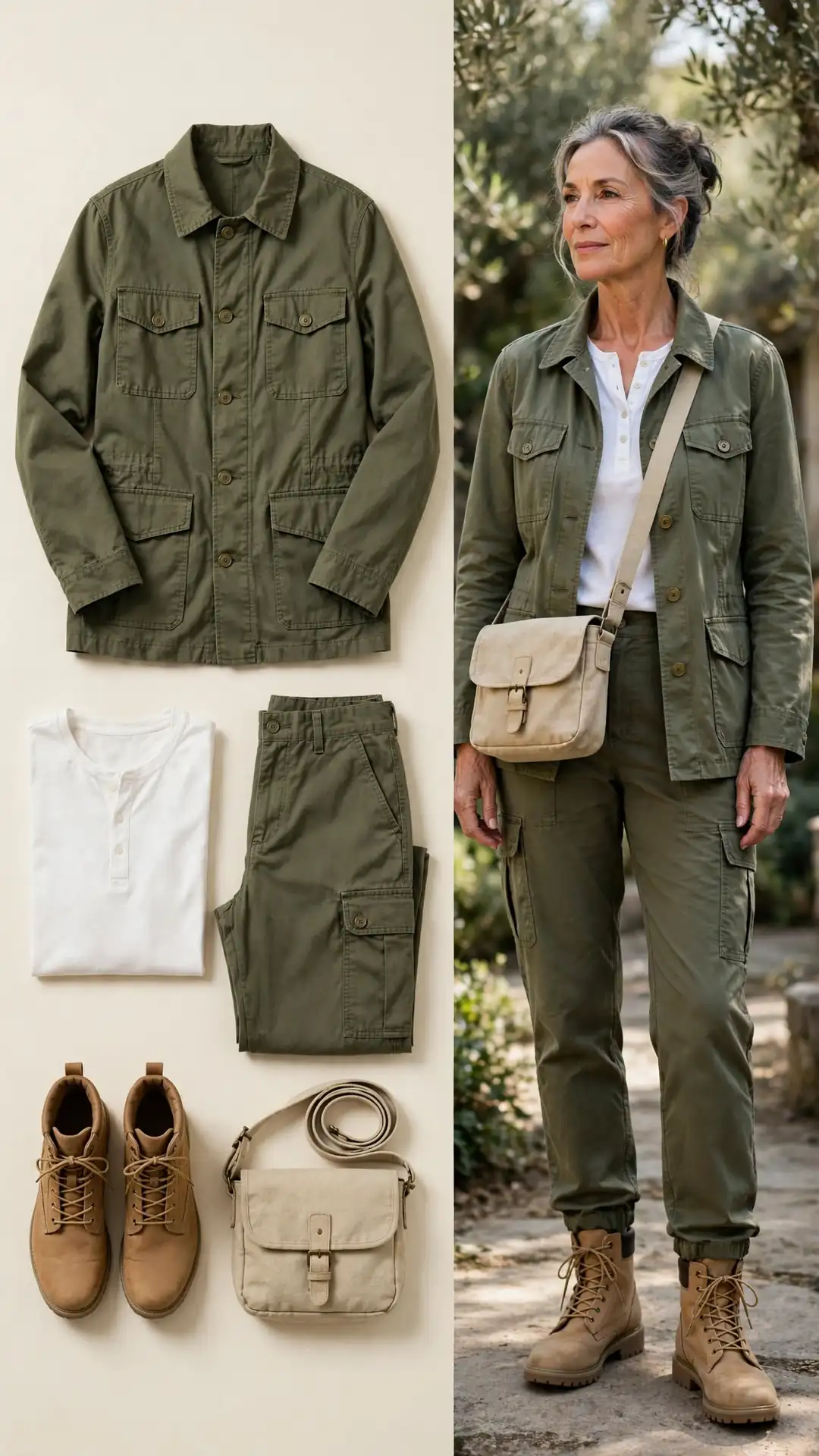 Split outfit idea: olive field jacket and white henley flat lay and a mature woman wearing them with olive cargo trousers and tan lace-up boots