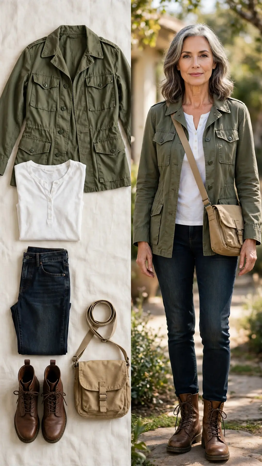 Olive field jacket with white henley, dark jeans and brown lace-up combat boots