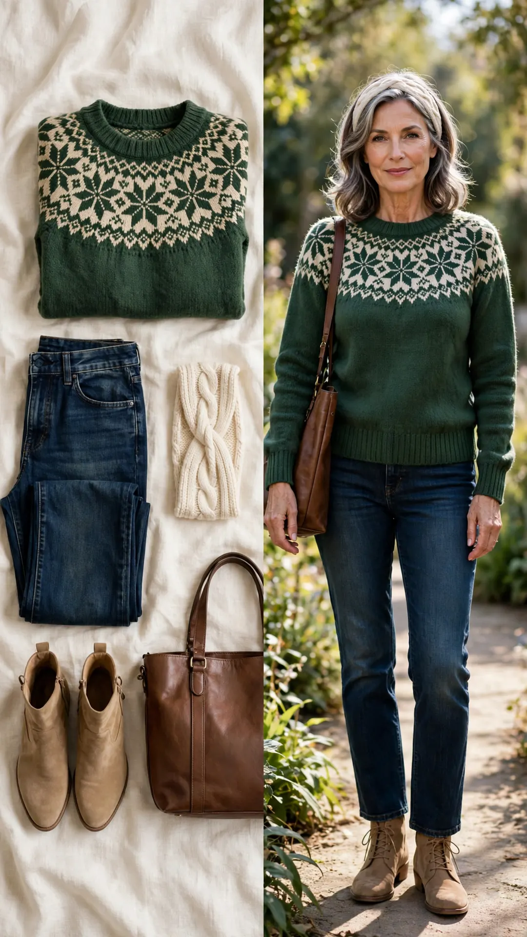 Split outfit idea: forest-green Fair Isle yoke sweater, dark-wash straight jeans, tan suede ankle boots and a cream knit headband, and a mature woman wearing it with a brown leather tote.