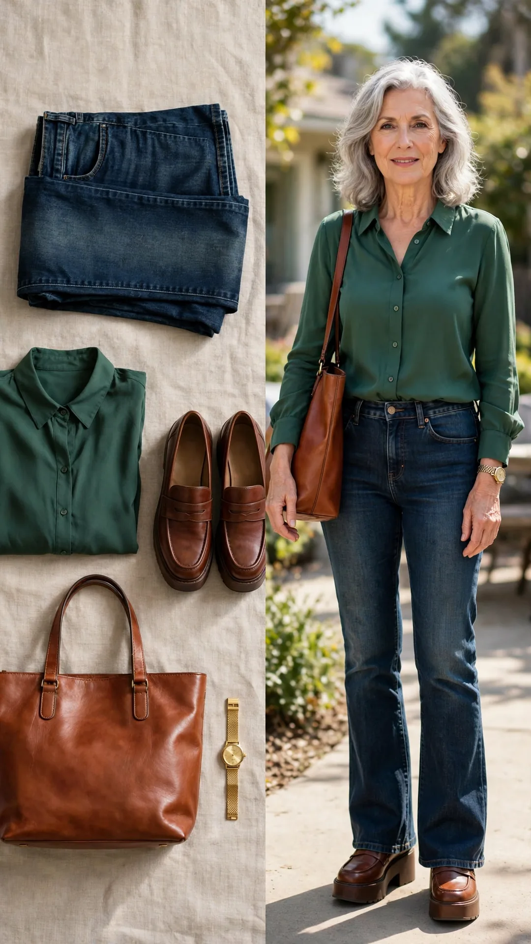 Split outfit idea: dark bootcut jeans, forest-green blouse, platform loafers and cognac tote flat lay, and a mature woman wearing them
