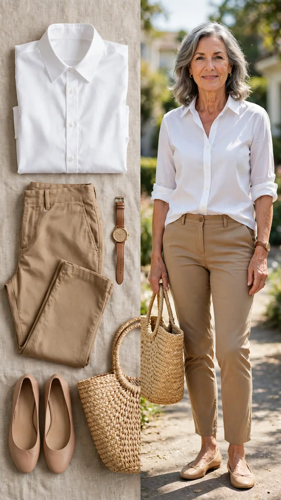 Split outfit idea: white oxford shirt, camel chinos, nude flats and straw tote flat lay, and a mature woman wearing them