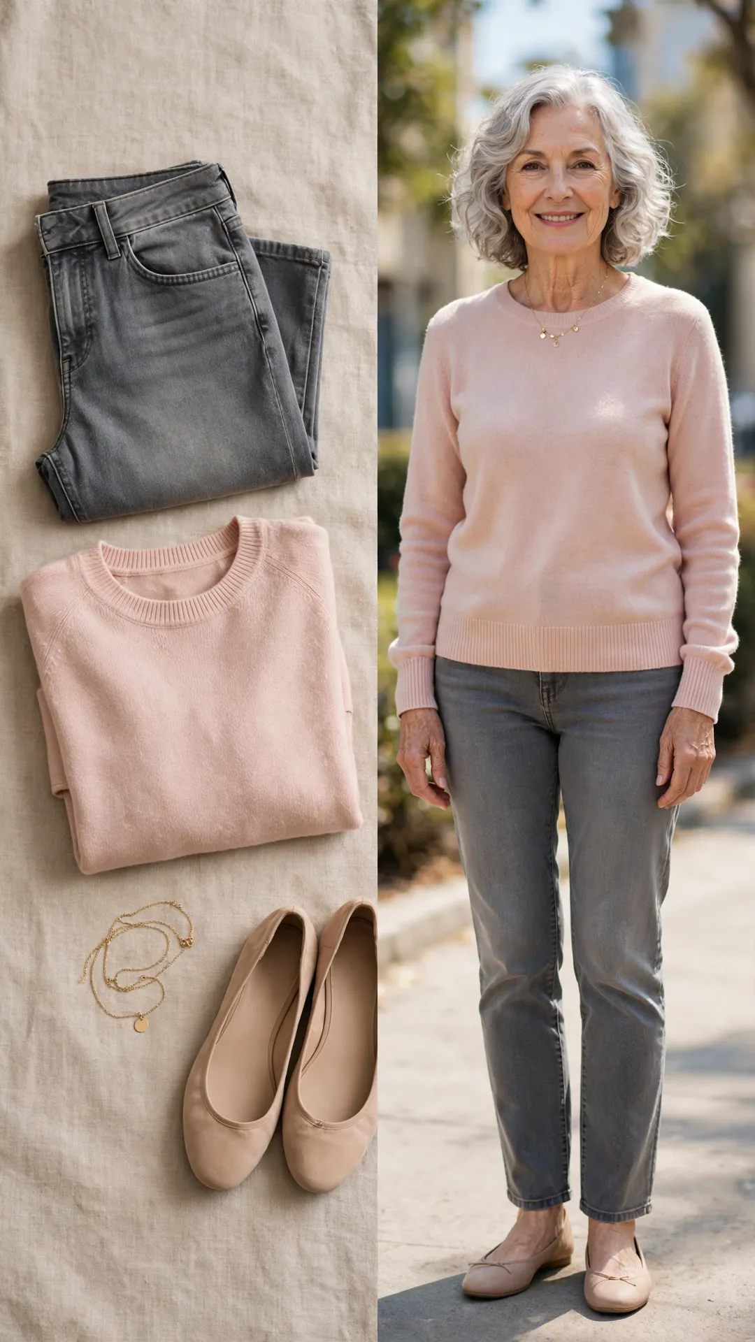 Split outfit idea: Grey Straight Jeans + Blush Sweater flat lay, and a mature woman over 50 wearing it