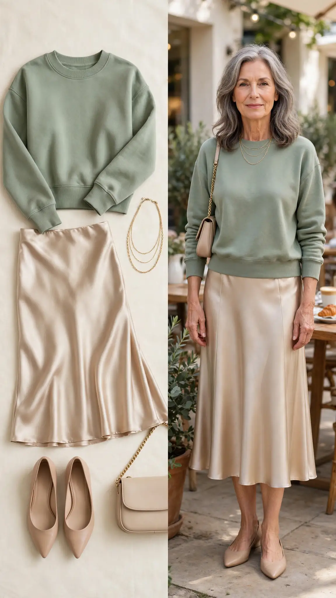 Split outfit idea: Soft Sweatshirt with a Satin Midi Skirt flat lay, and a mature woman over 50 wearing it