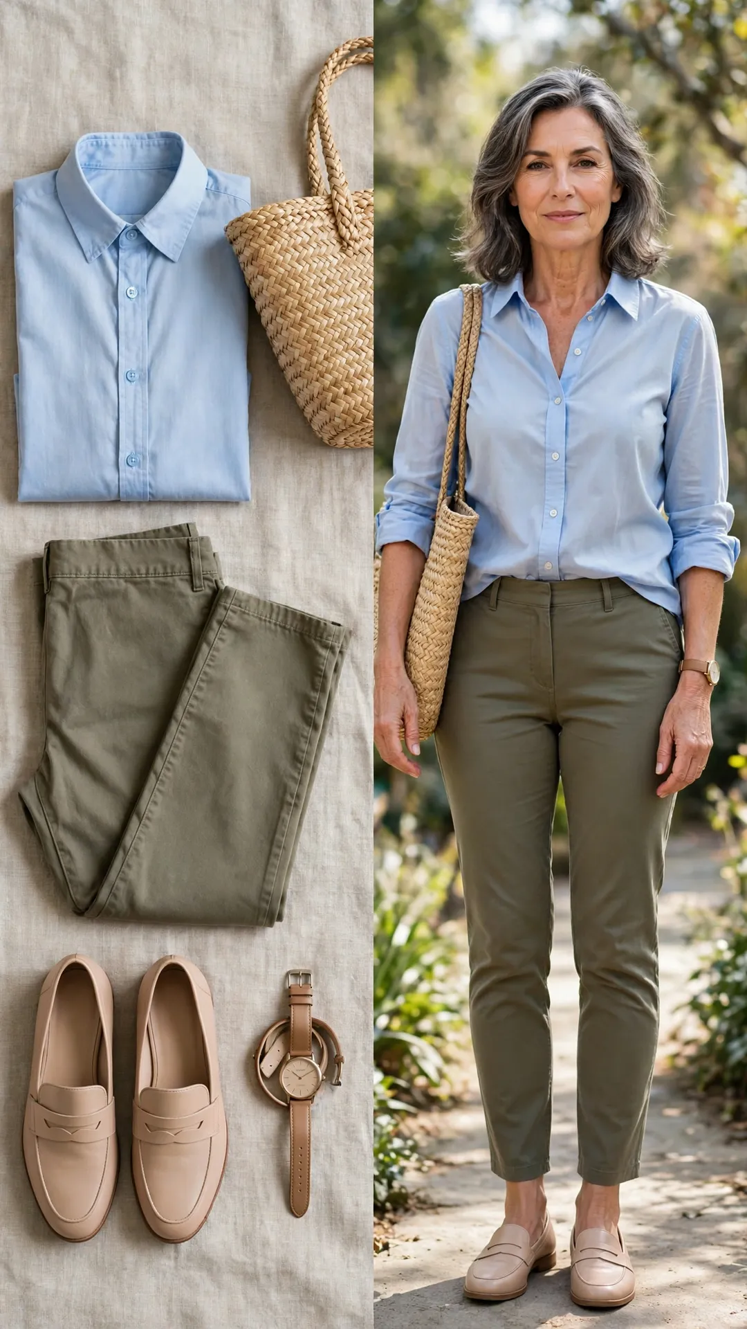 Split outfit idea: light-blue oxford shirt, olive chinos, nude loafers and straw tote flat lay, and a mature woman wearing them