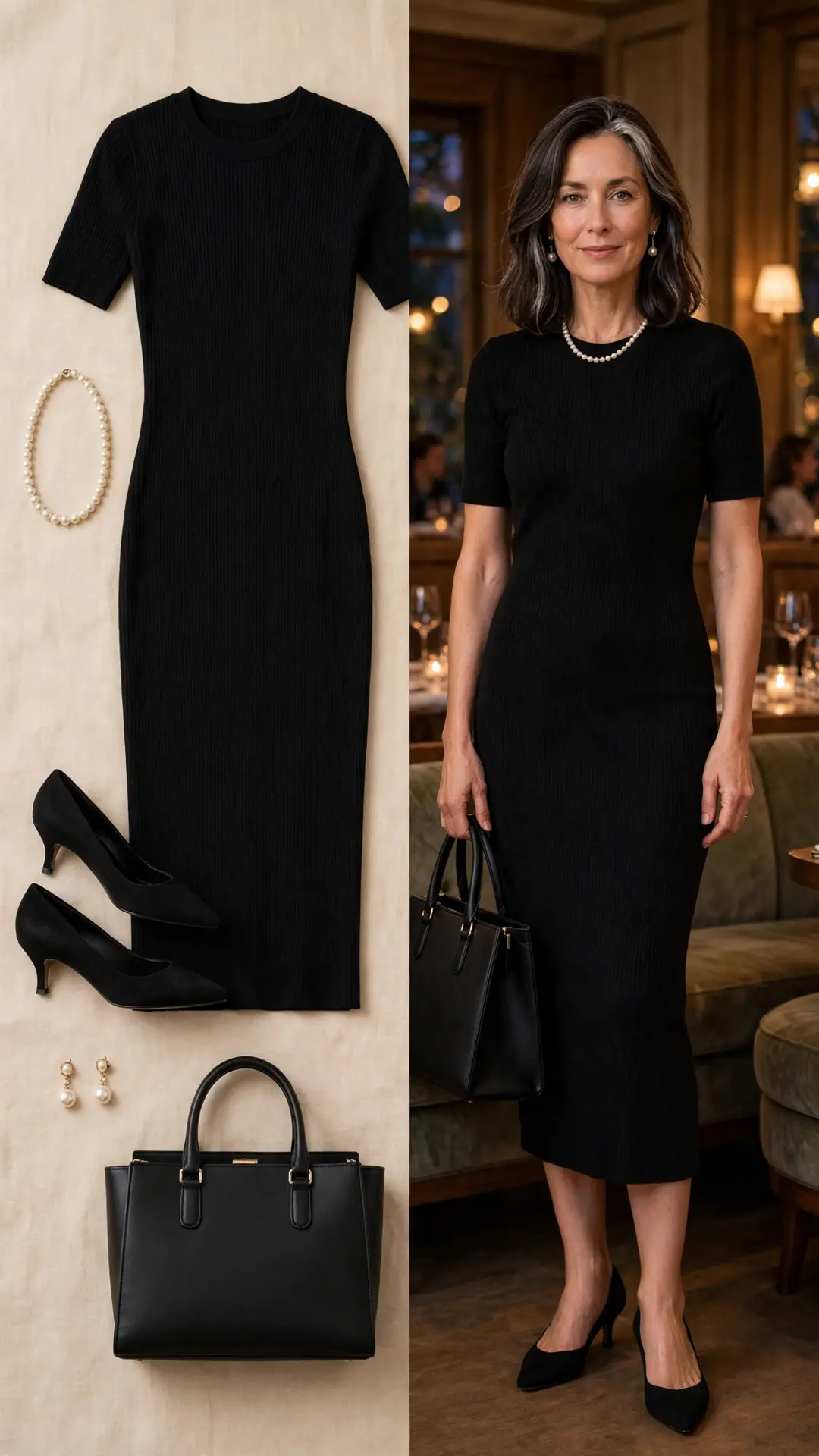 Split outfit idea: black ribbed knit midi dress, pearl strand necklace, kitten heels and structured tote flat lay, and a mature woman wearing the full outfit in a restaurant