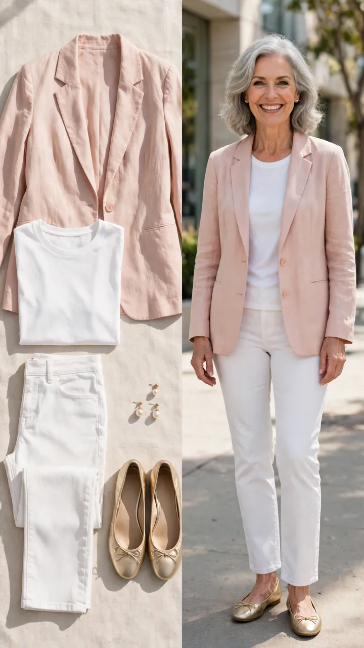 Split outfit idea: The Pastel Pop flat lay, and a mature woman over 50 wearing it