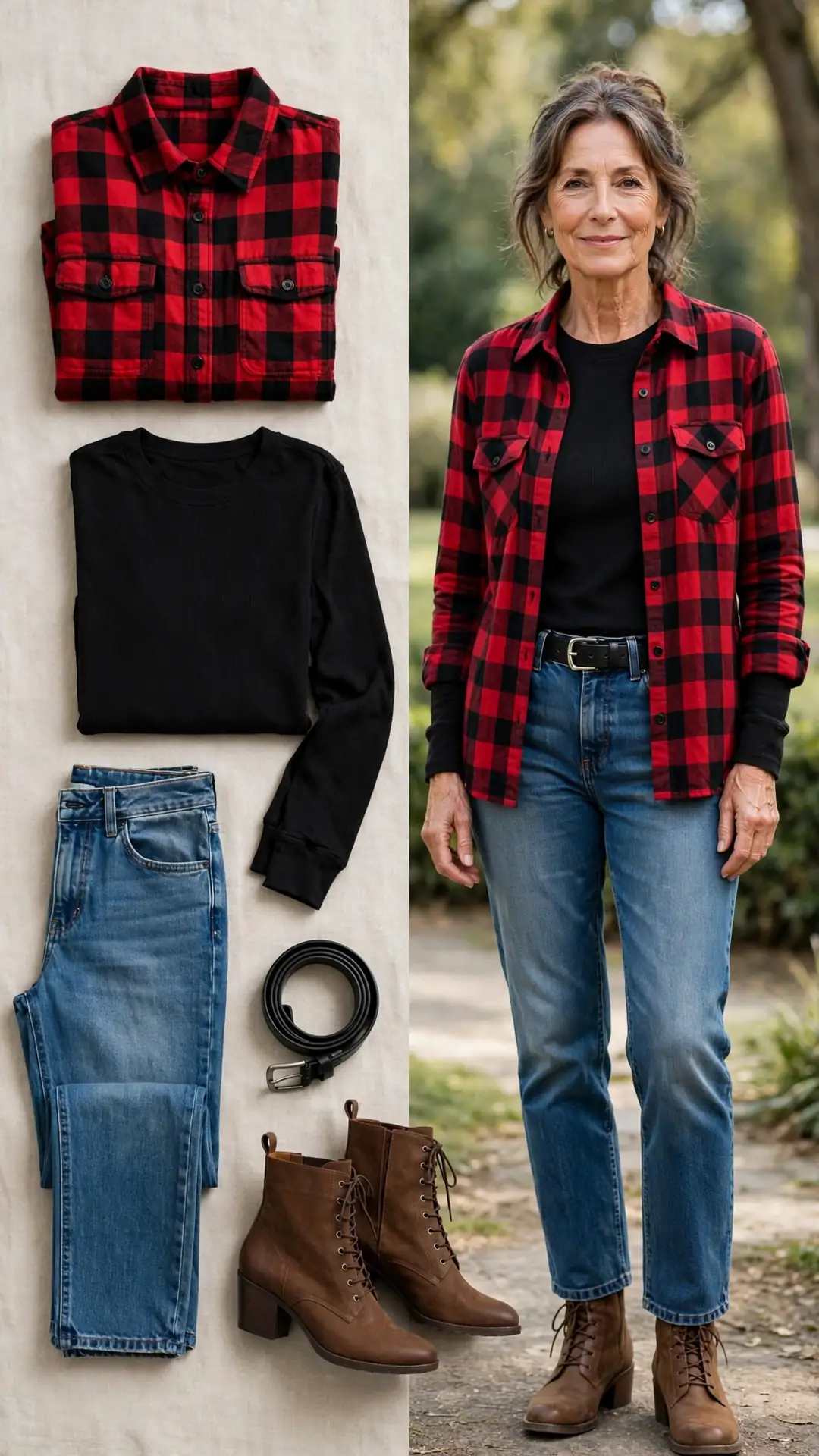 Split outfit idea: red-black buffalo plaid shacket and black thermal tee flat lay and a mature woman wearing them with medium-wash jeans and brown ankle boots
