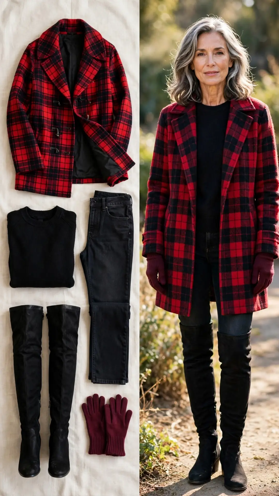 Red-black plaid blanket coat with black sweater, dark jeans, black over-the-knee boots and burgundy gloves