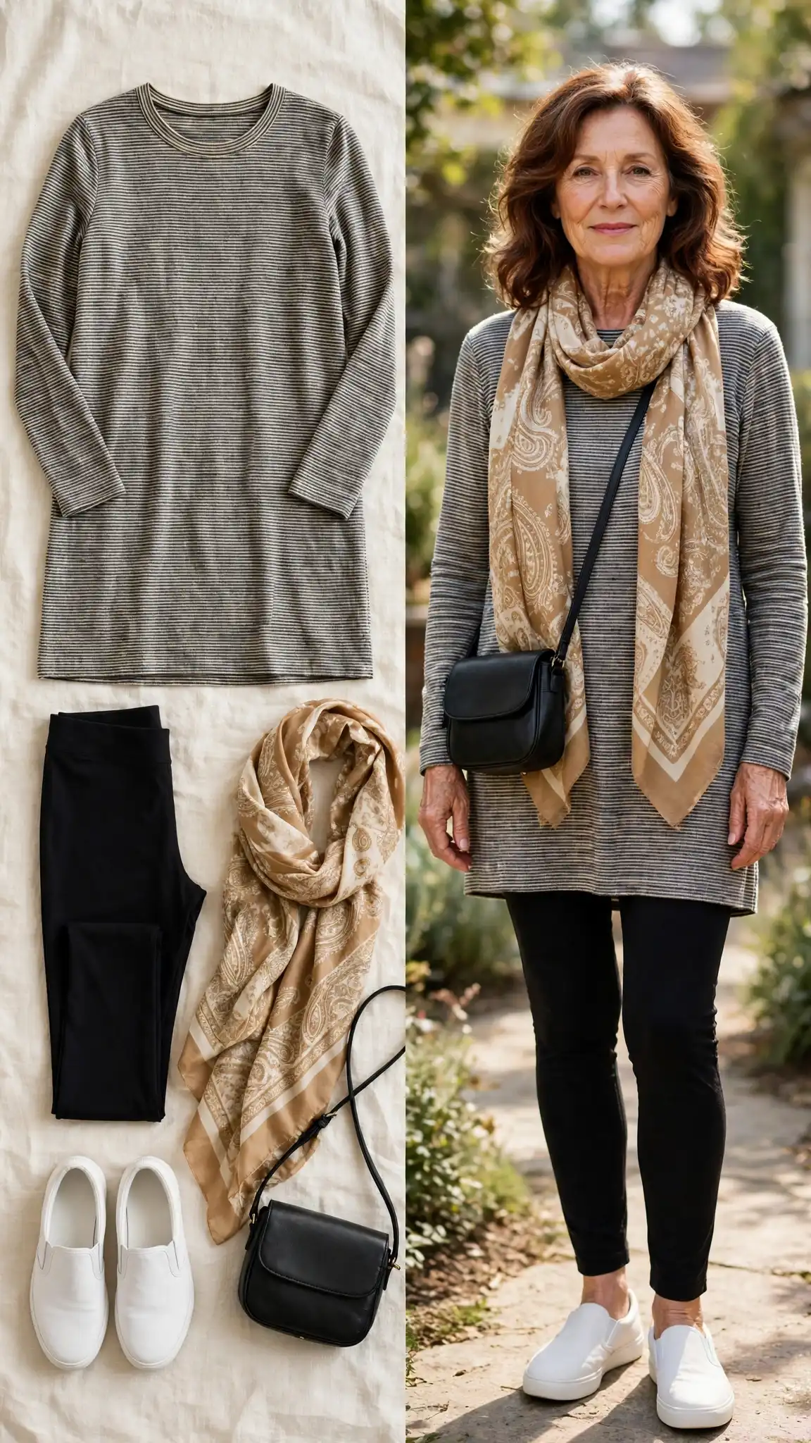 Split outfit idea: Ponte Tunic and Ponte Leggings flat lay, and a mature woman over 50 wearing it