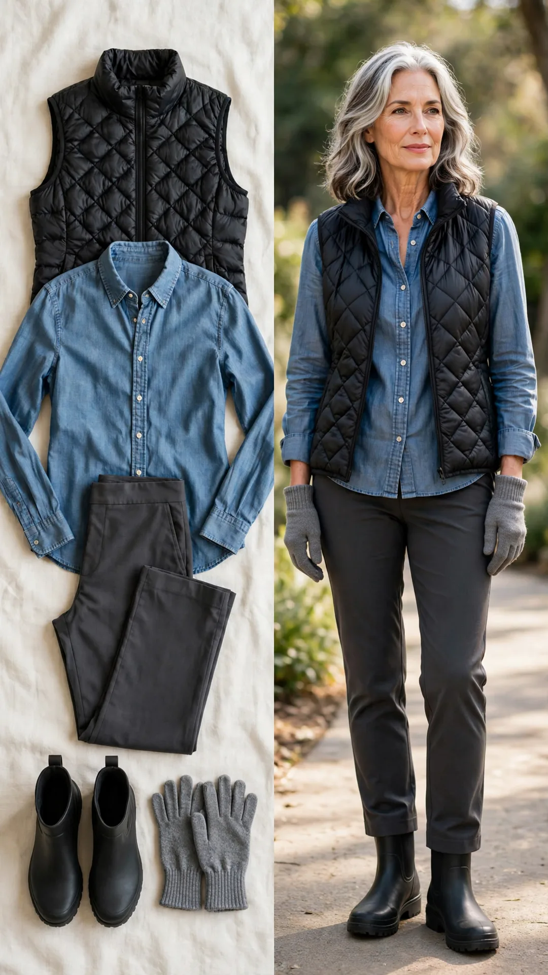 Split outfit idea: black quilted puffer vest, chambray button-down shirt, charcoal ponte pants and black waterproof ankle boots, and a mature woman wearing it with grey knit gloves.