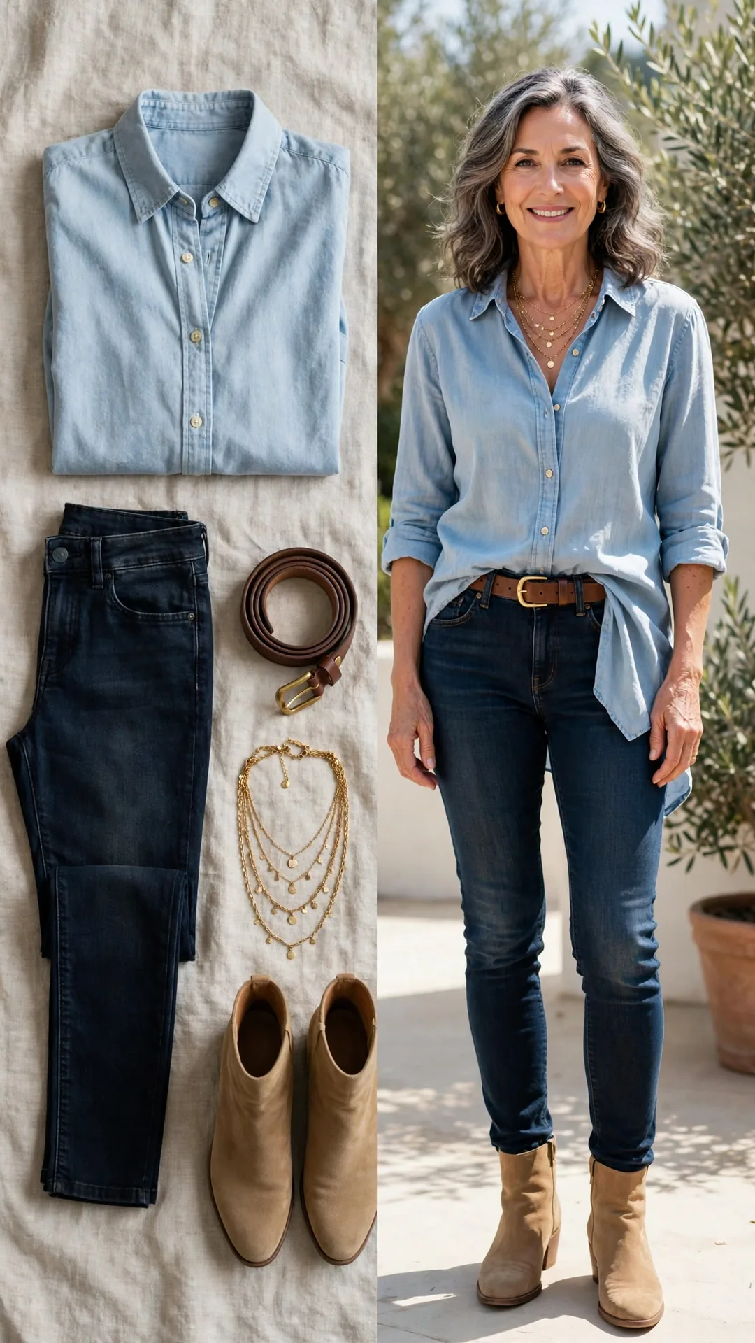 Split outfit idea: dark skinny jeans, light chambray shirt, tan suede boots and belt flat lay, and a mature woman wearing them with a half-tuck