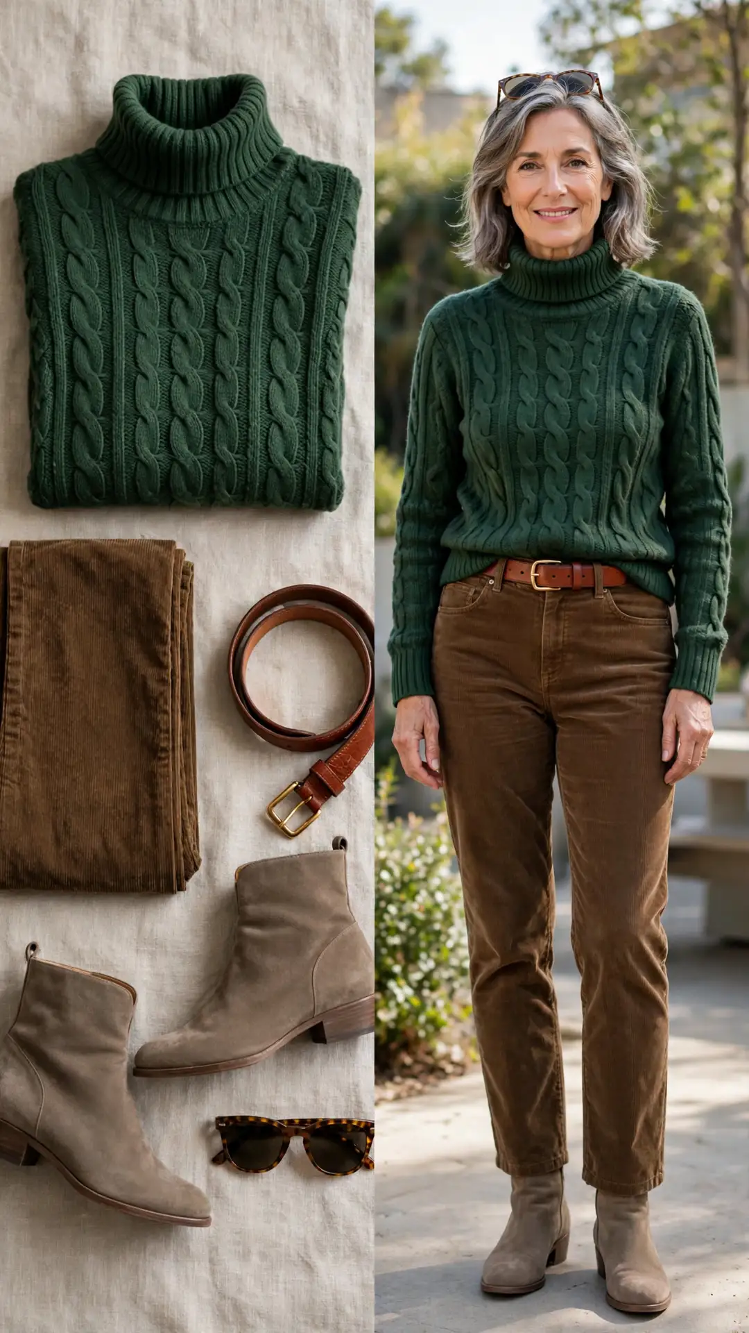 Split outfit idea: forest-green cable turtleneck, brown corduroy pants, taupe suede boots and cognac belt flat lay, and a mature woman wearing them