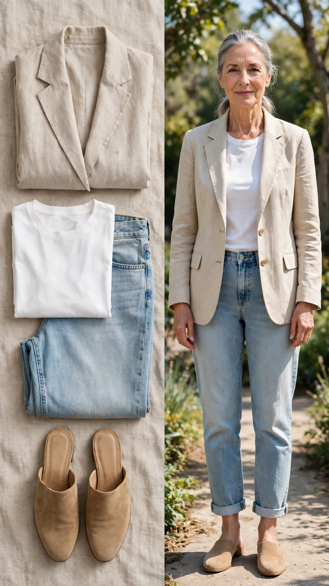 Split outfit idea: Boyfriend Jeans + Natural Linen Blazer flat lay, and a mature woman over 50 wearing it