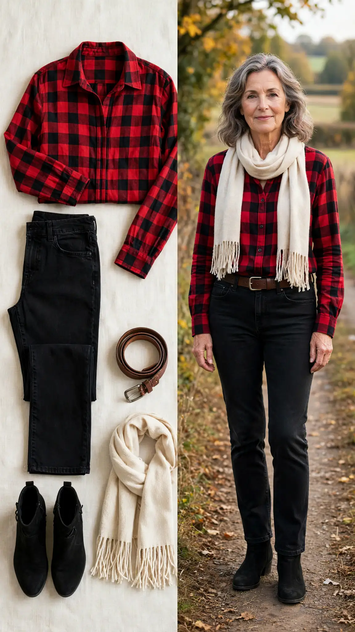 Split outfit idea: Flannel Shirt, Black Jeans, Ankle Boots flat lay, and a mature woman over 50 wearing it