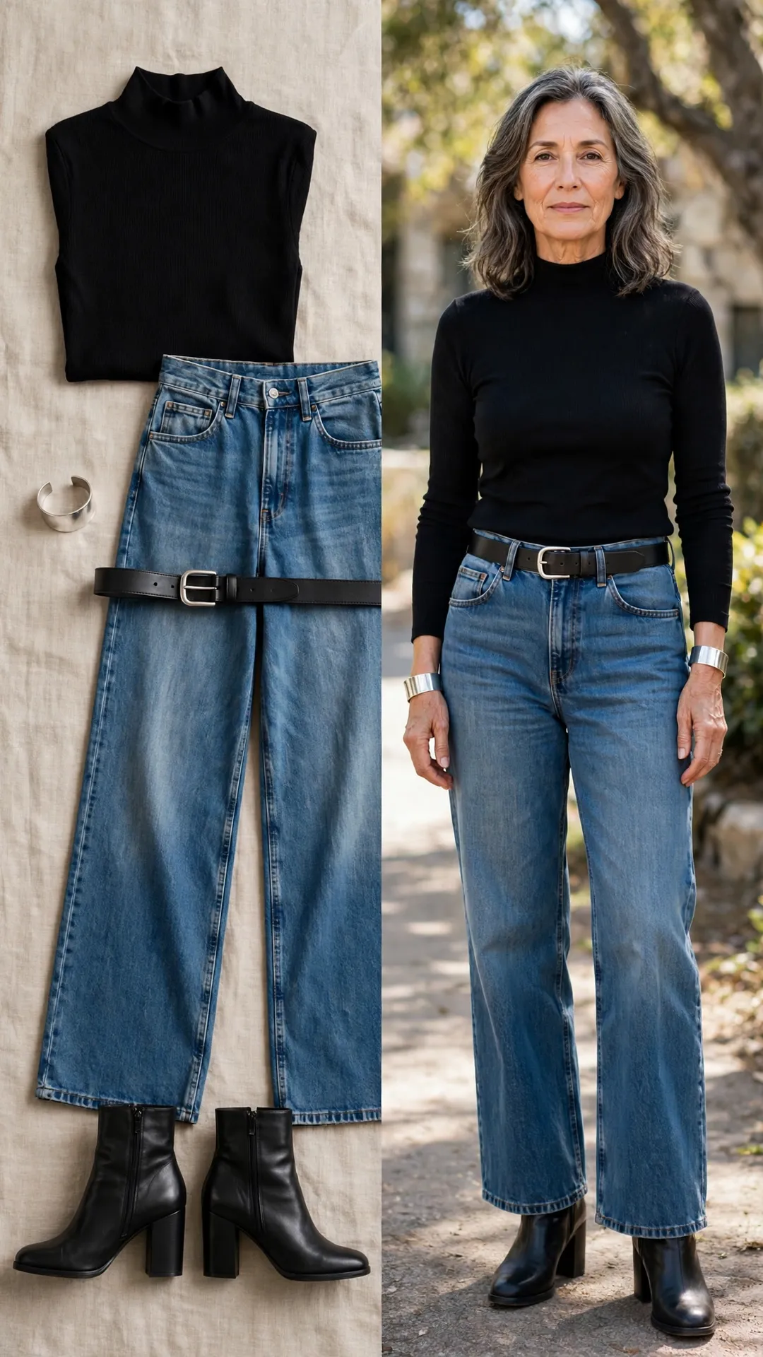 Split outfit idea: black mock-neck knit top, medium-wash wide-leg jeans, black block-heel boots and black belt flat lay, and a mature woman wearing them