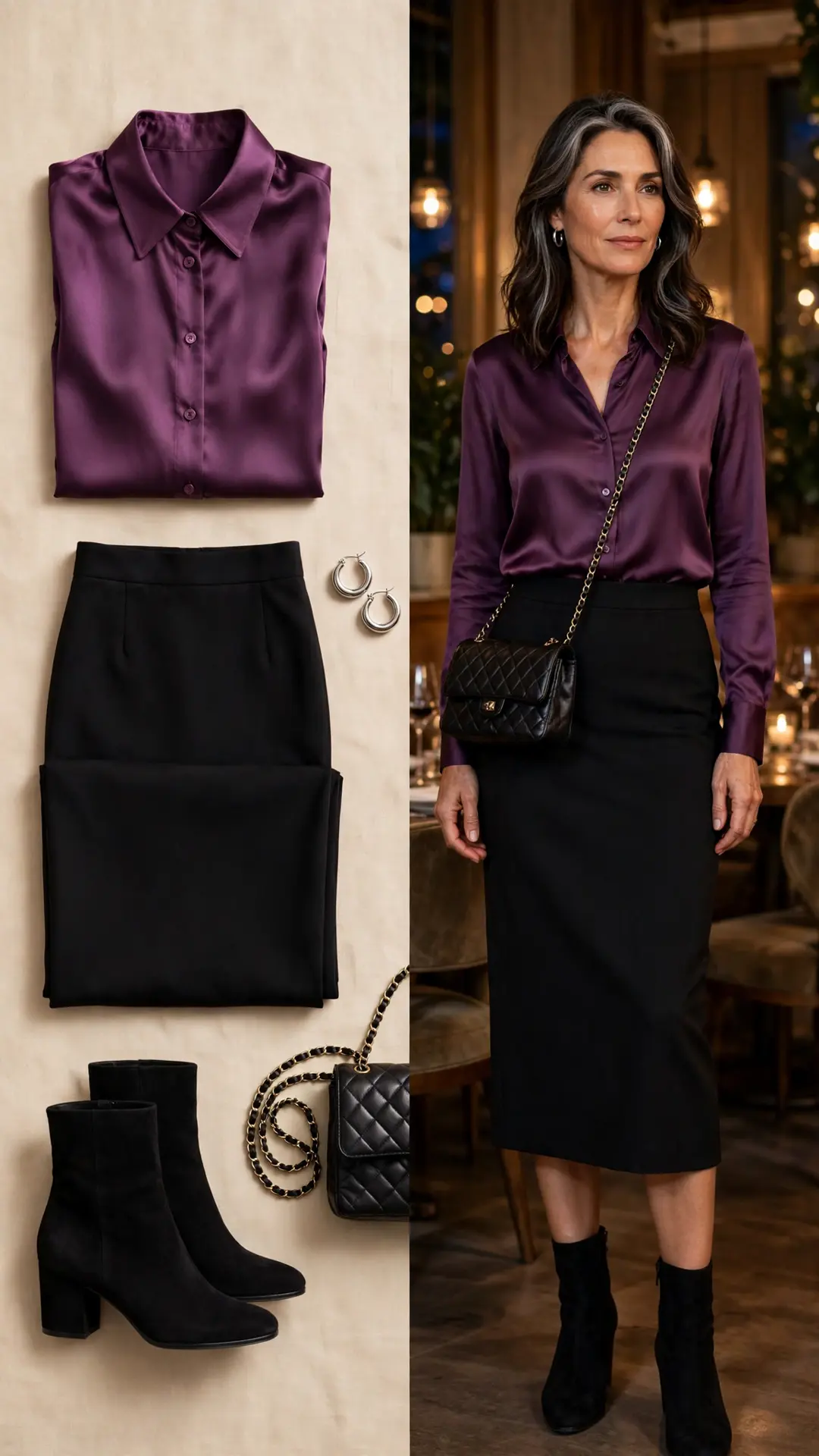 Split image: flat lay of a plum satin shirt, black pencil skirt, suede ankle boots, silver hoop earrings and a chain-strap bag, beside a woman in her 50s wearing the full outfit in a softly lit restaurant.