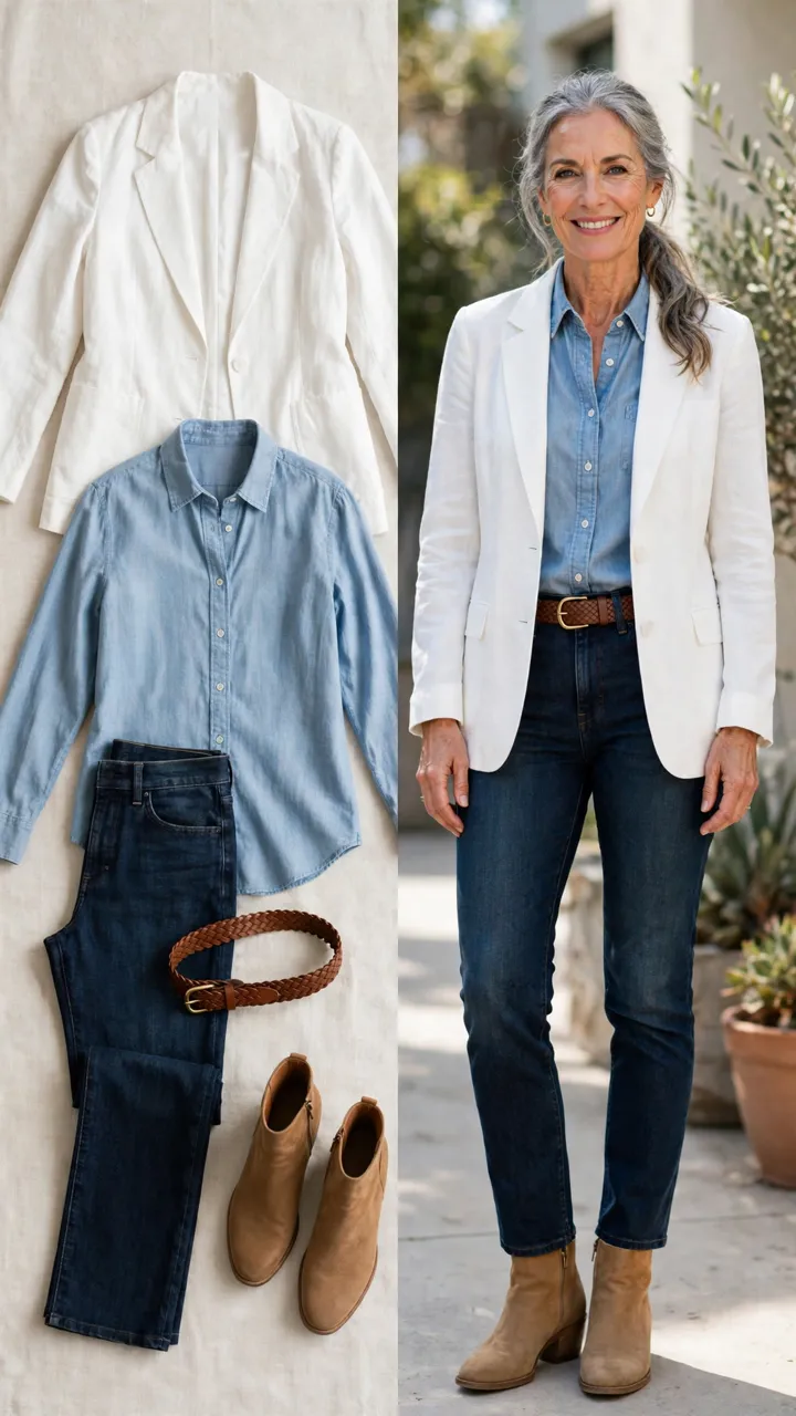 Split outfit idea: The White Blazer Refresh flat lay, and a mature woman over 50 wearing it