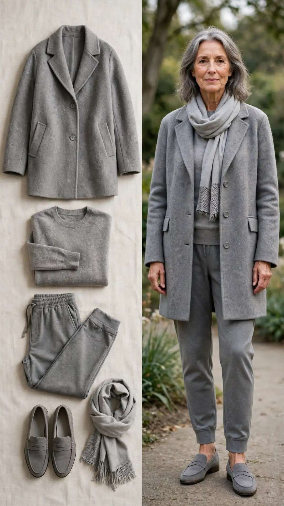 Split outfit idea: grey cocoon coat and grey cashmere sweater flat lay and a mature woman wearing them with grey joggers and grey loafers
