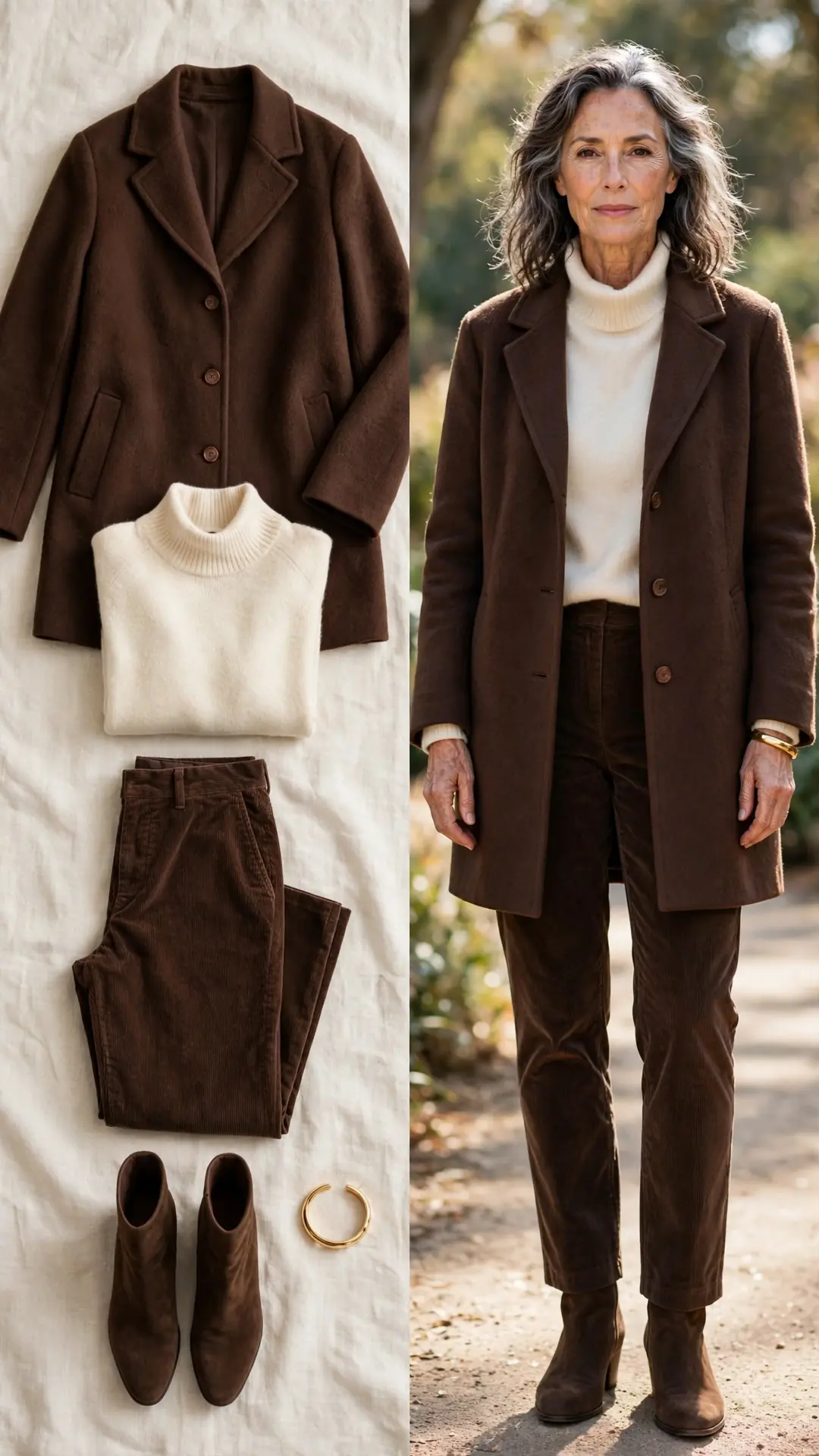 Chocolate wool coat with cream roll-neck, chocolate corduroy trousers and chocolate suede ankle boots