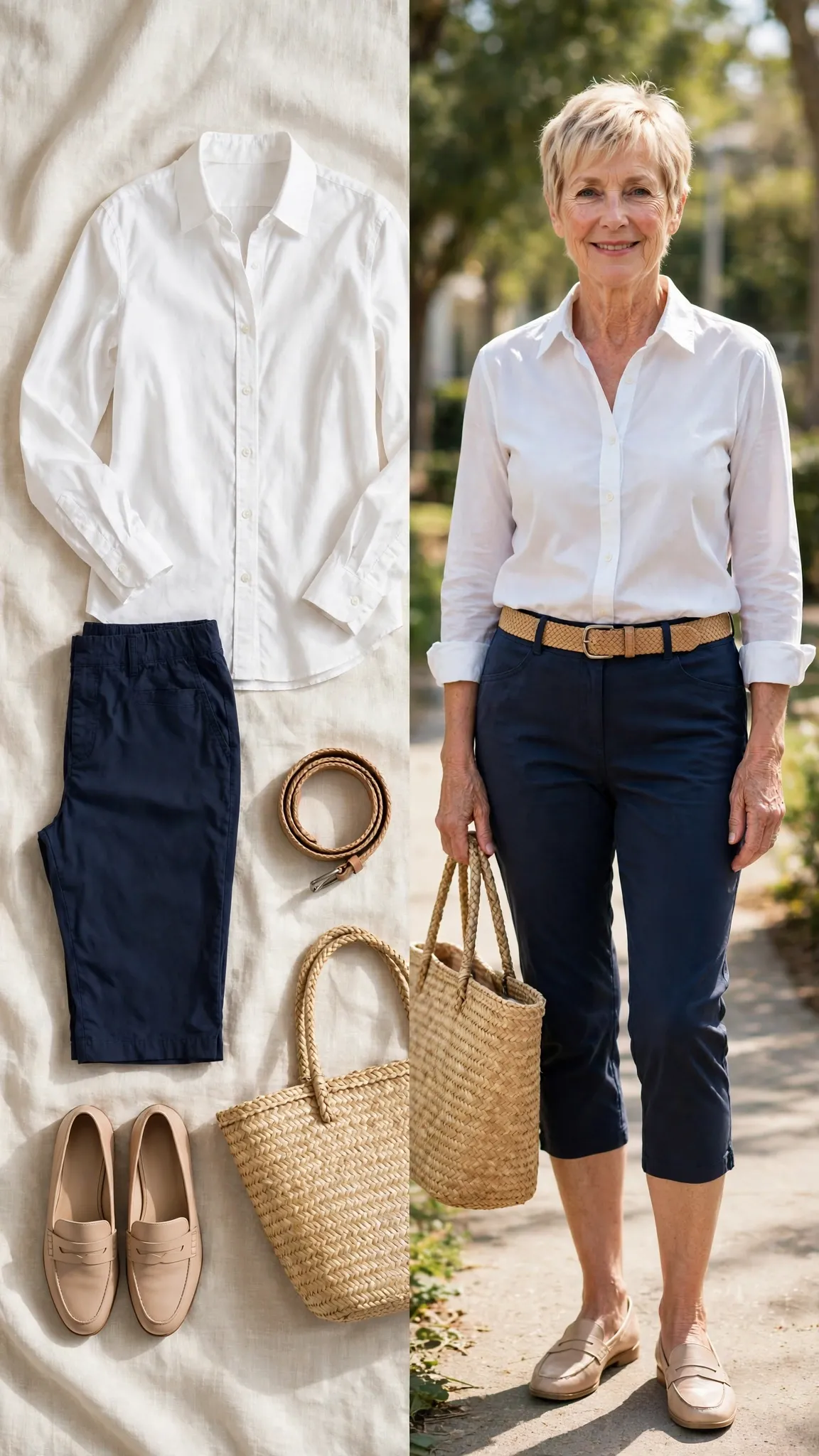 Split outfit idea: No-Iron Button-Down and Travel Capris flat lay, and a mature woman over 50 wearing it