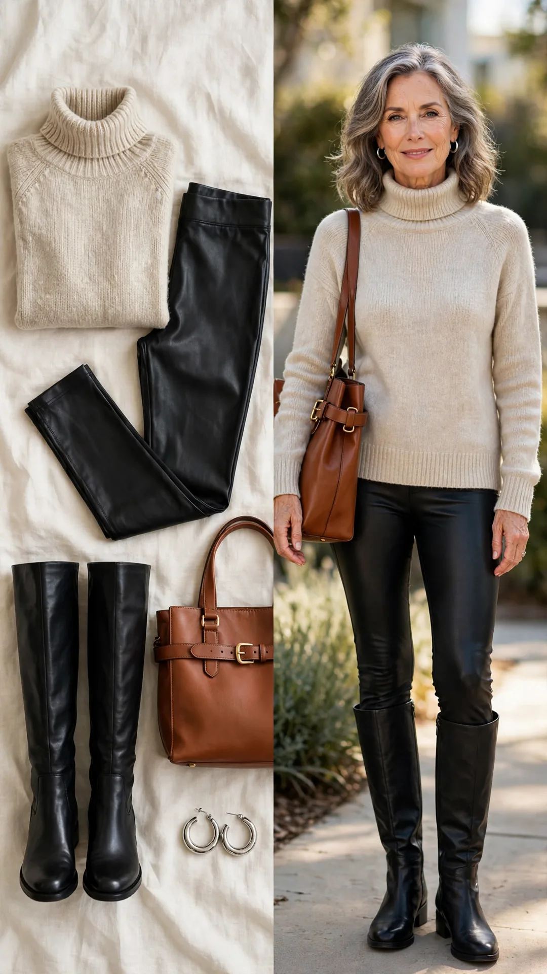 Split outfit idea: oatmeal turtleneck sweater, black faux-leather leggings, black knee-high boots and a cognac belted tote, and a mature woman wearing it with silver hoop earrings.
