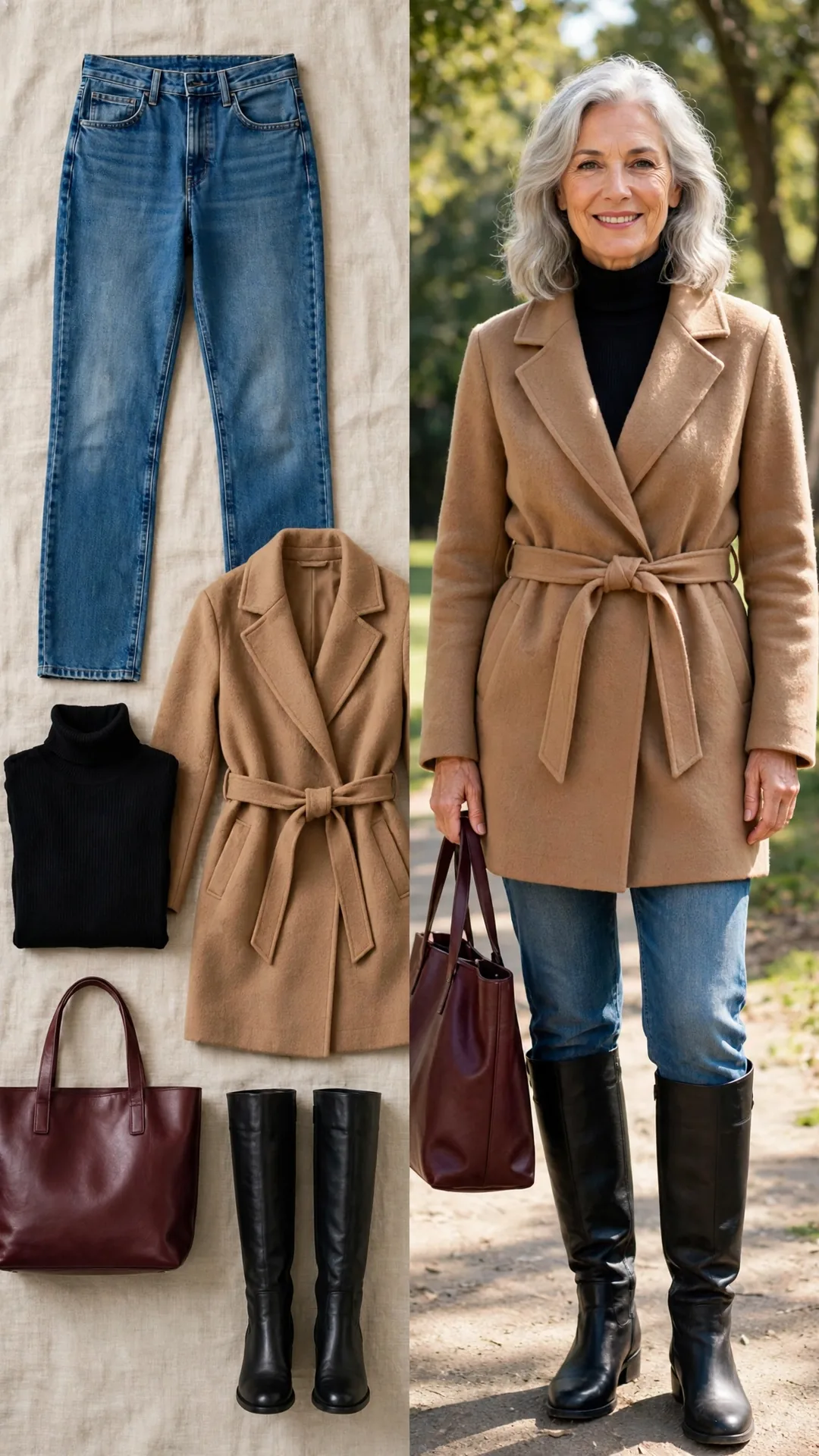 Split outfit idea: medium-wash jeans, black turtleneck, camel wrap coat and knee-high boots flat lay, and a mature woman wearing them
