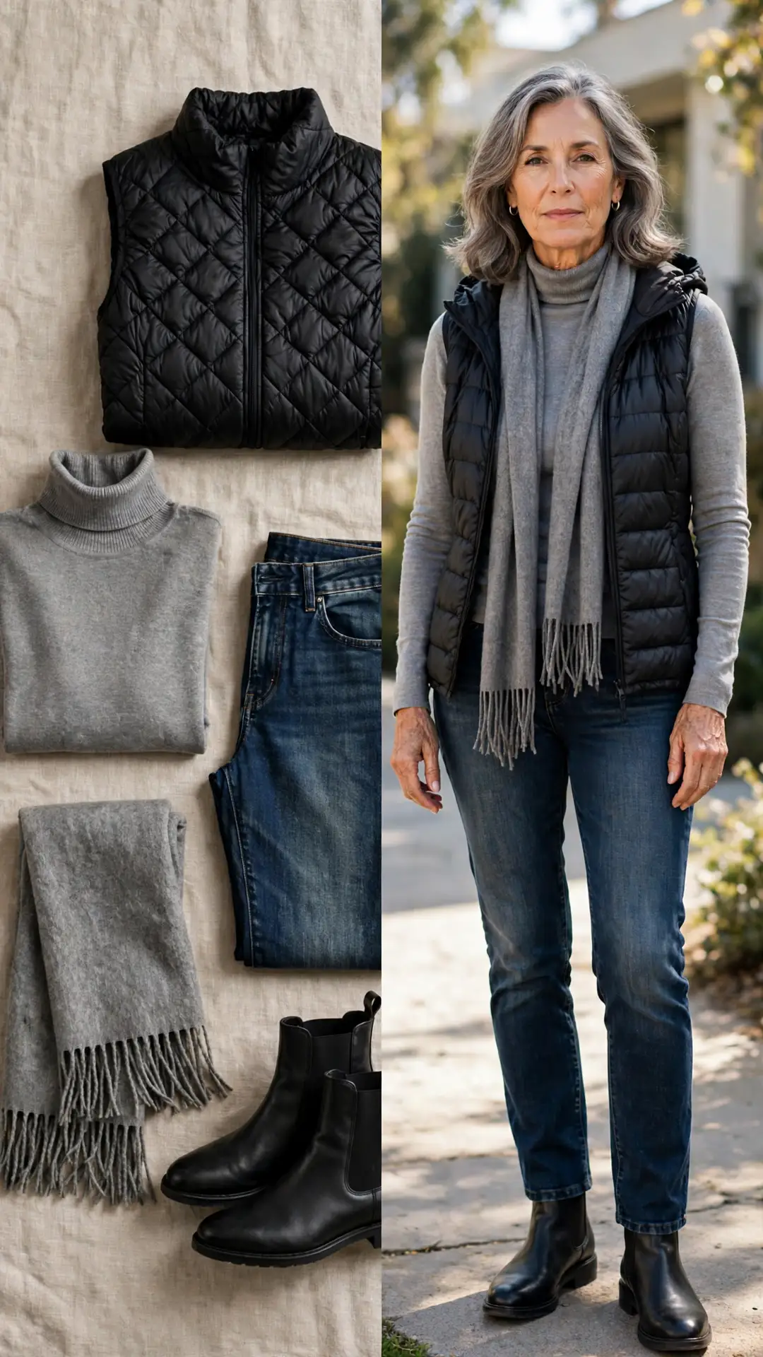 Split outfit idea: black quilted puffer vest, grey turtleneck, dark jeans, Chelsea boots and grey scarf flat lay, and a mature woman wearing them