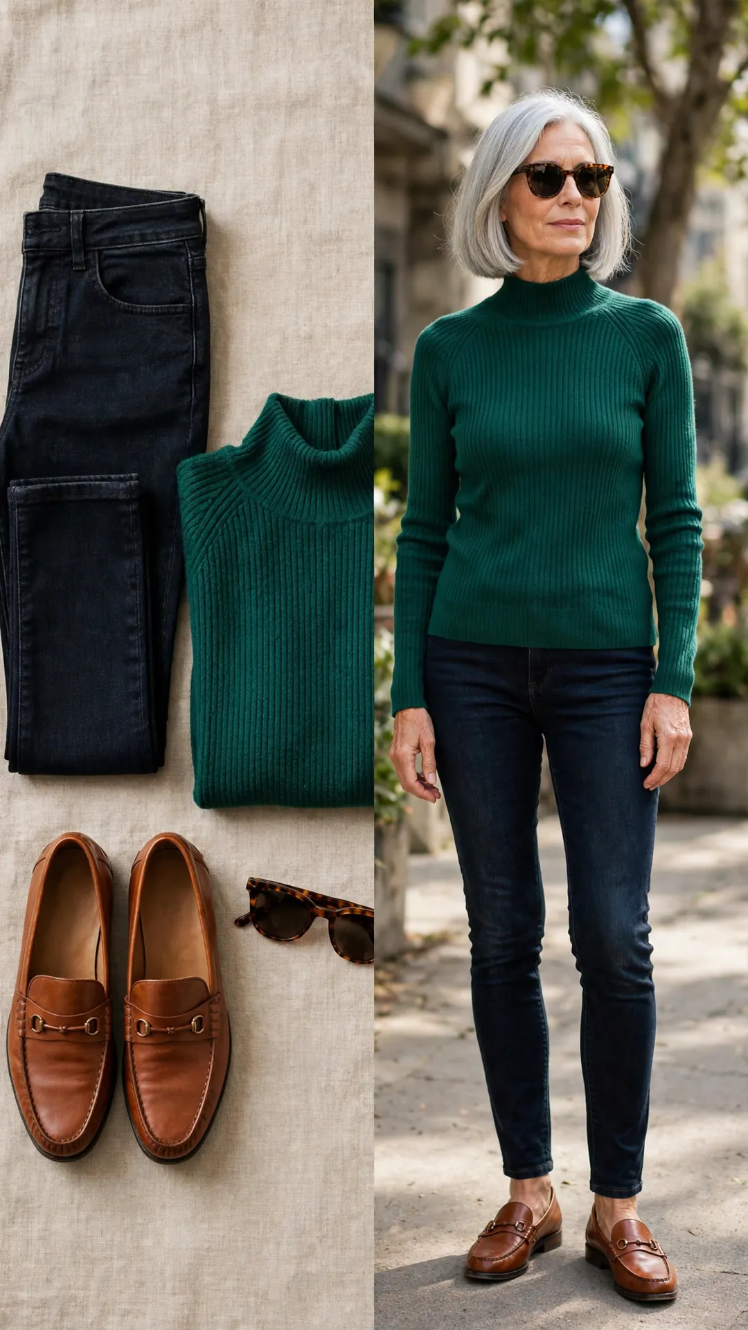 Split outfit idea: Clean Dark Skinny + Emerald Knit flat lay, and a mature woman over 50 wearing it