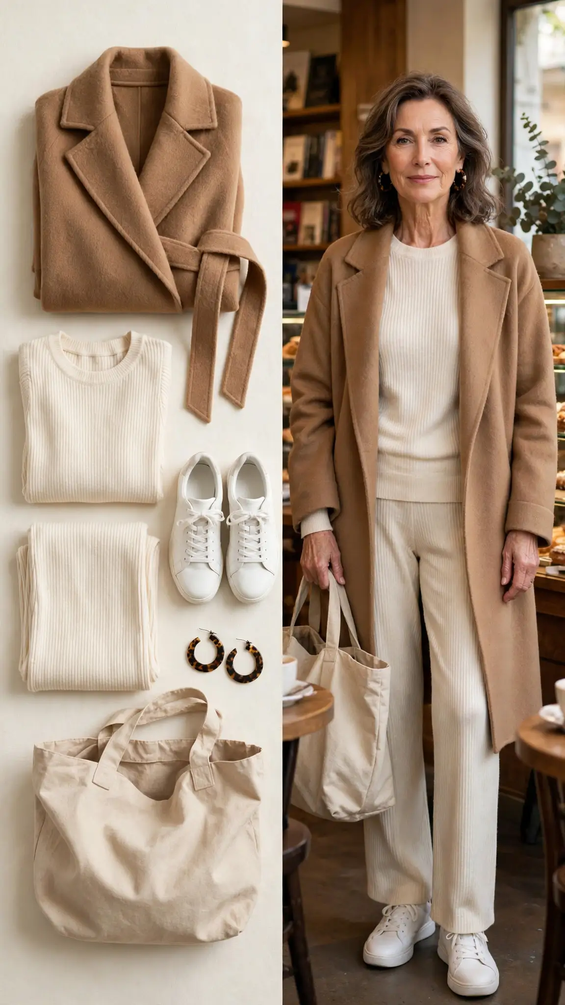 Split outfit idea: Cream Knit Matching Set flat lay, and a mature woman over 50 wearing it