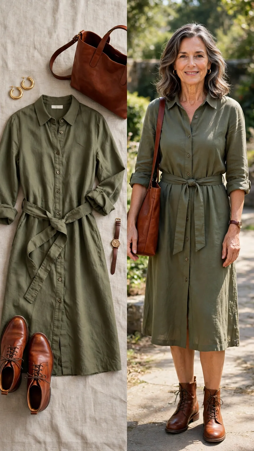 Split outfit idea: olive-green belted shirt dress, cognac ankle boots and cognac tote flat lay, and a mature woman wearing it