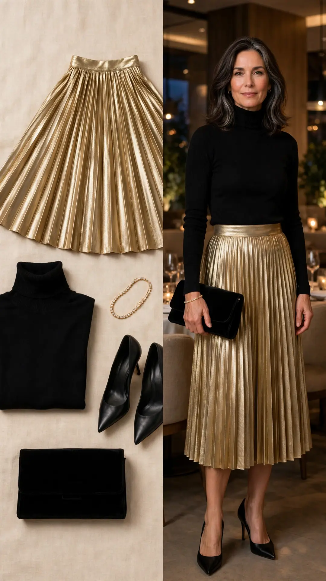 Split image: flat lay of a metallic gold pleated midi skirt, black turtleneck, black pointed pumps, a black velvet clutch and a gold tennis bracelet, beside a woman in her 50s wearing the full outfit in an upscale restaurant.