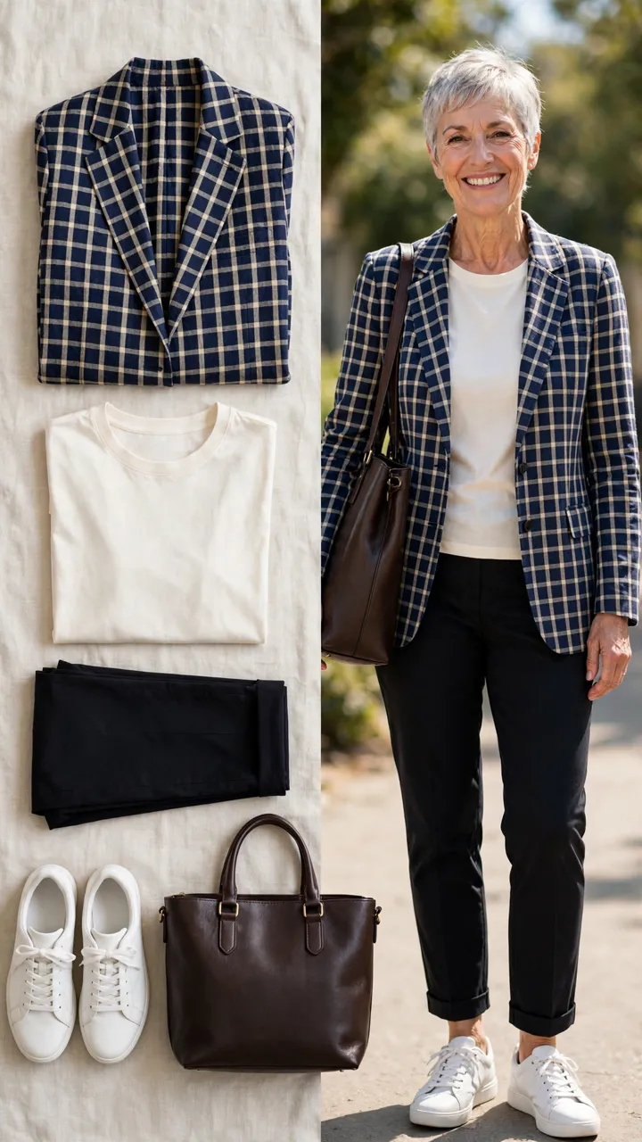 Split outfit idea: The Relaxed Check flat lay, and a mature woman over 50 wearing it