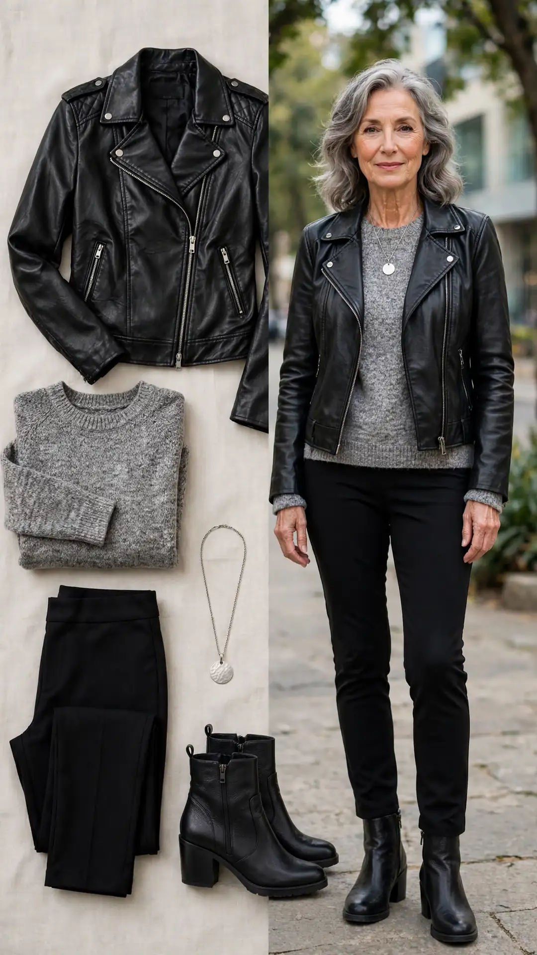Split outfit idea: black faux-leather moto jacket and grey marled sweater flat lay and a mature woman wearing them with black ponte pants and black ankle boots