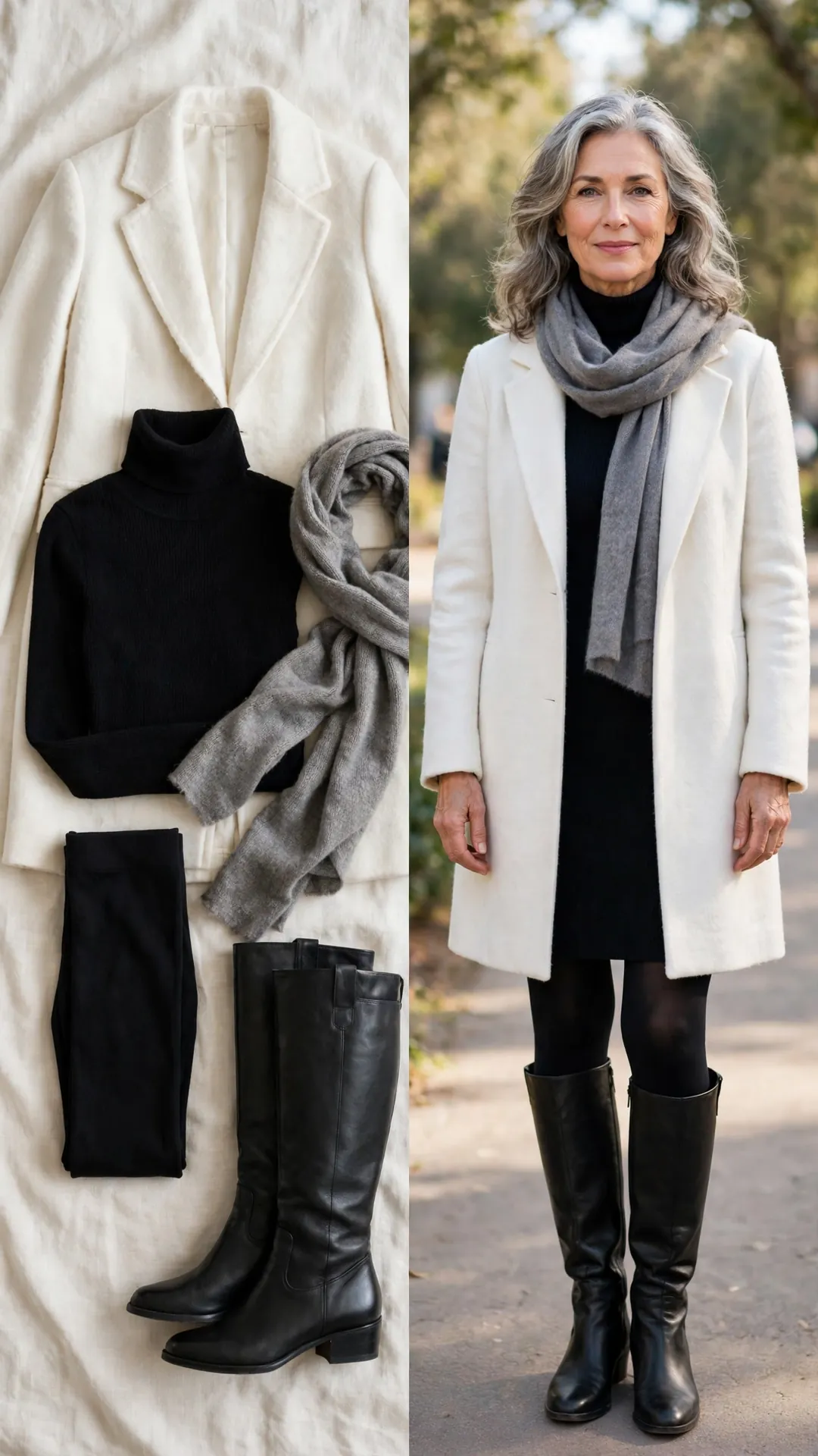 White wool-blend coat with black turtleneck sweater dress, black tights and black knee-high boots