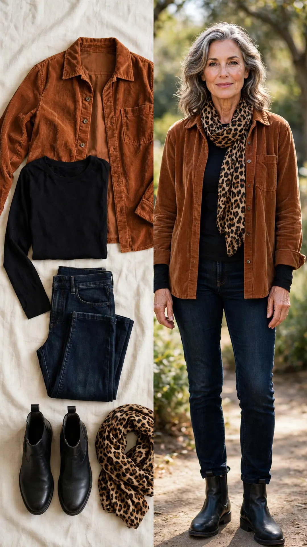 Split outfit idea: rust corduroy shirt-jacket, black long-sleeve tee, dark indigo jeans and black Chelsea boots, and a mature woman wearing it with a leopard print scarf.