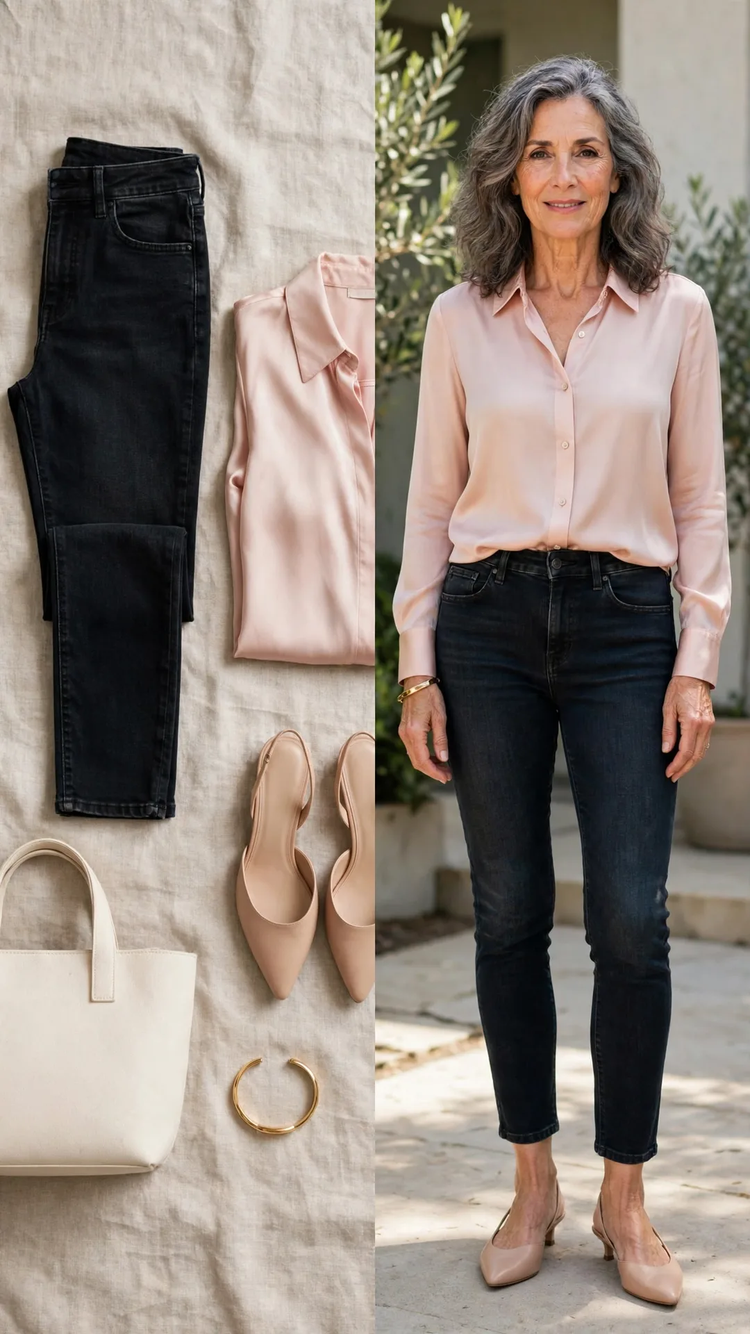 Split outfit idea: dark cropped jeans, blush silk blouse, nude mules and cream tote flat lay, and a mature woman wearing them with bare ankles
