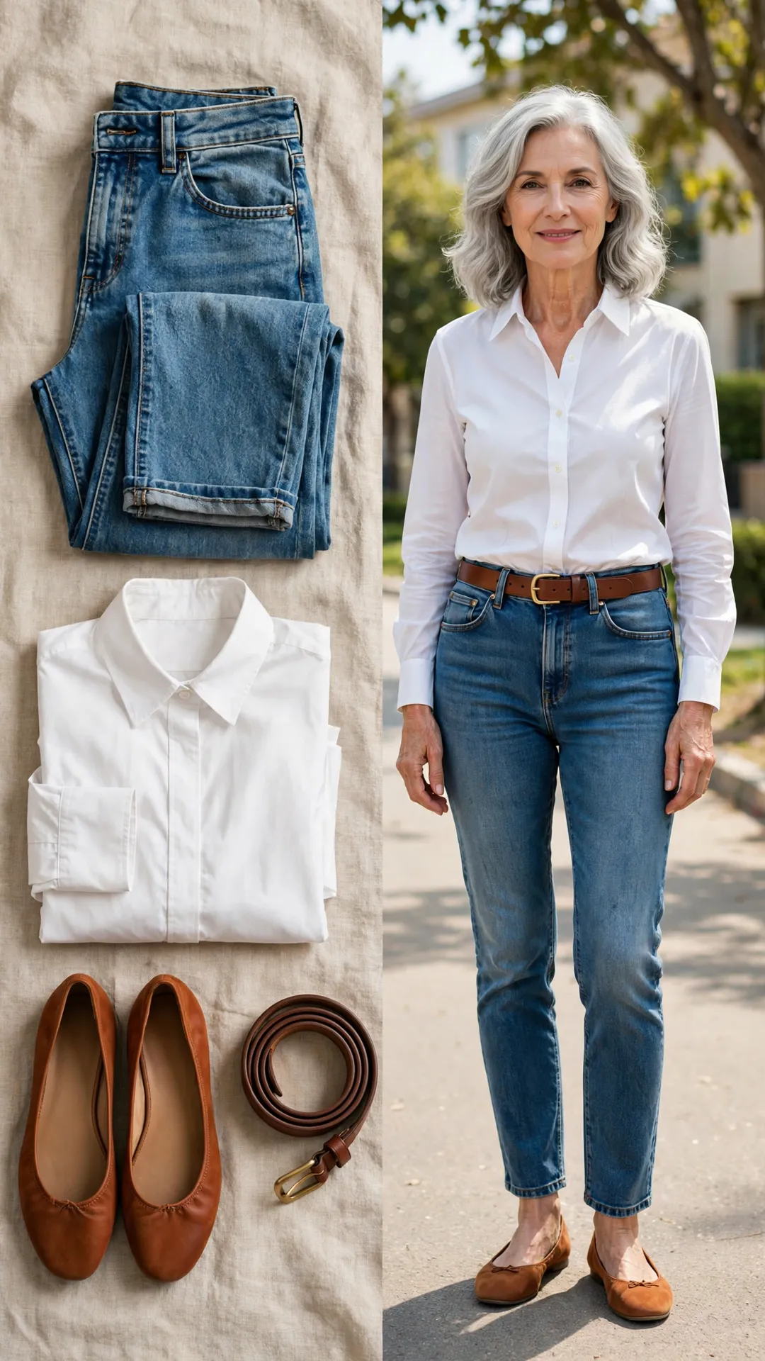 Split outfit idea: High-Rise Straight + Tucked Poplin Shirt flat lay, and a mature woman over 50 wearing it