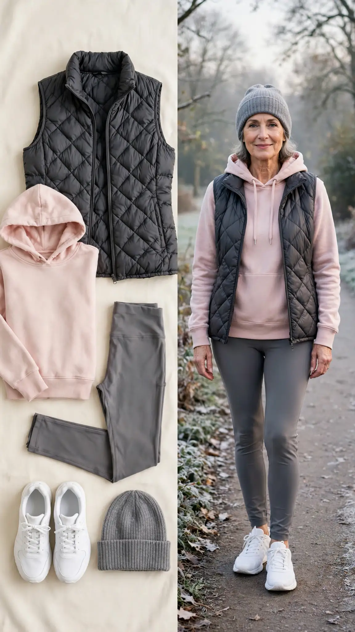 Split outfit idea: Quilted Vest with a Hoodie and Leggings flat lay, and a mature woman over 50 wearing it