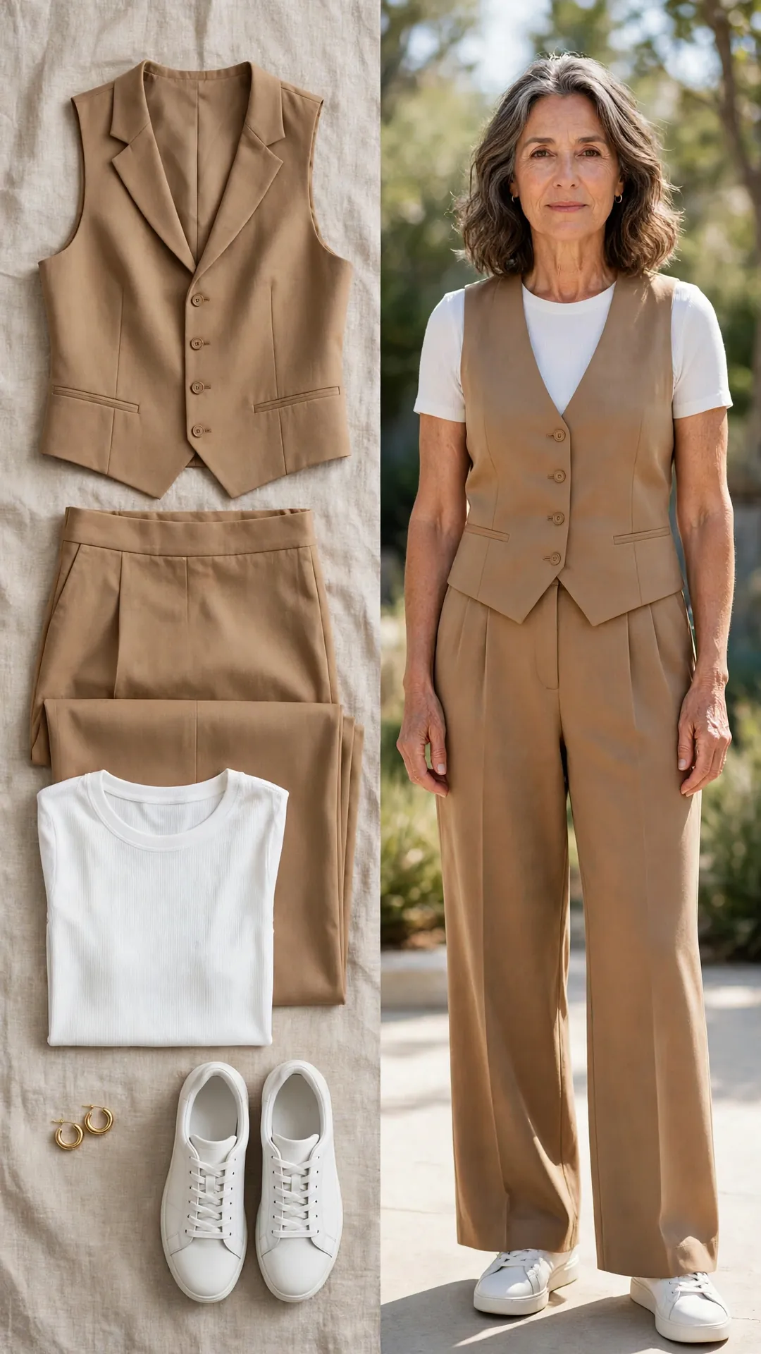 Split outfit idea: camel tailored waistcoat vest, camel wide-leg trousers, white tee and white sneakers flat lay, and a mature woman wearing them