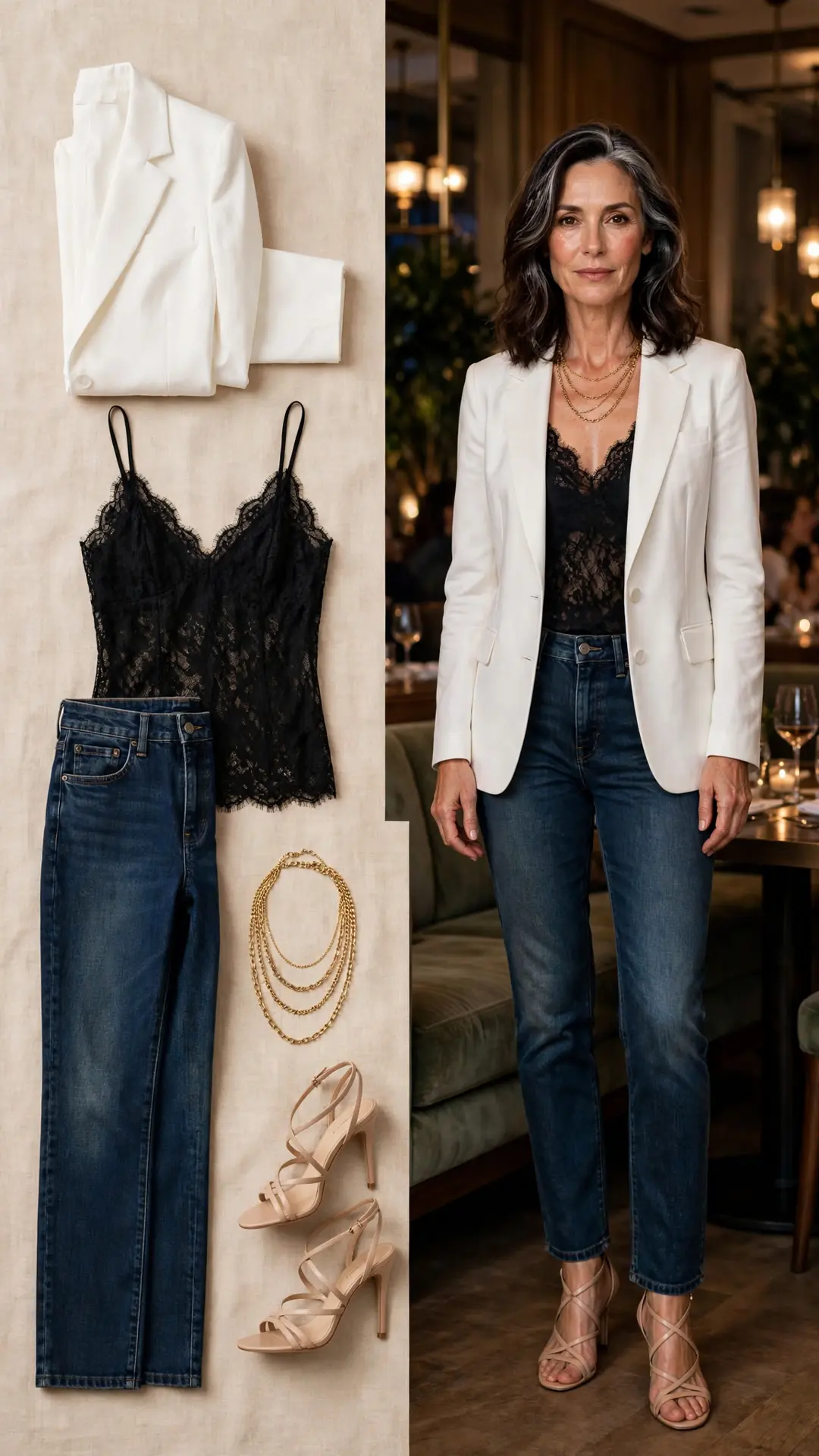 Split image: flat lay of a white tailored blazer, black lace camisole, dark-wash straight jeans, nude strappy heels and a layered gold necklace, beside a woman in her 50s wearing the full outfit in an elegant evening restaurant.
