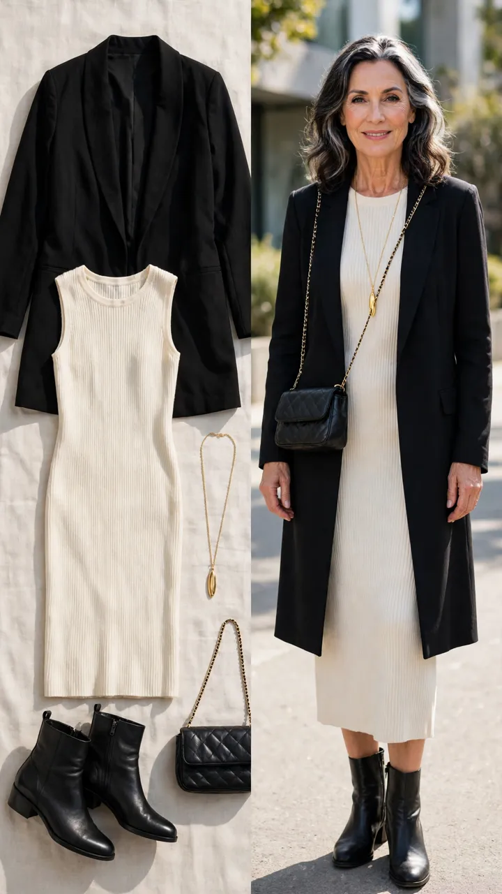 Split outfit idea: The Long-Line Layer flat lay, and a mature woman over 50 wearing it
