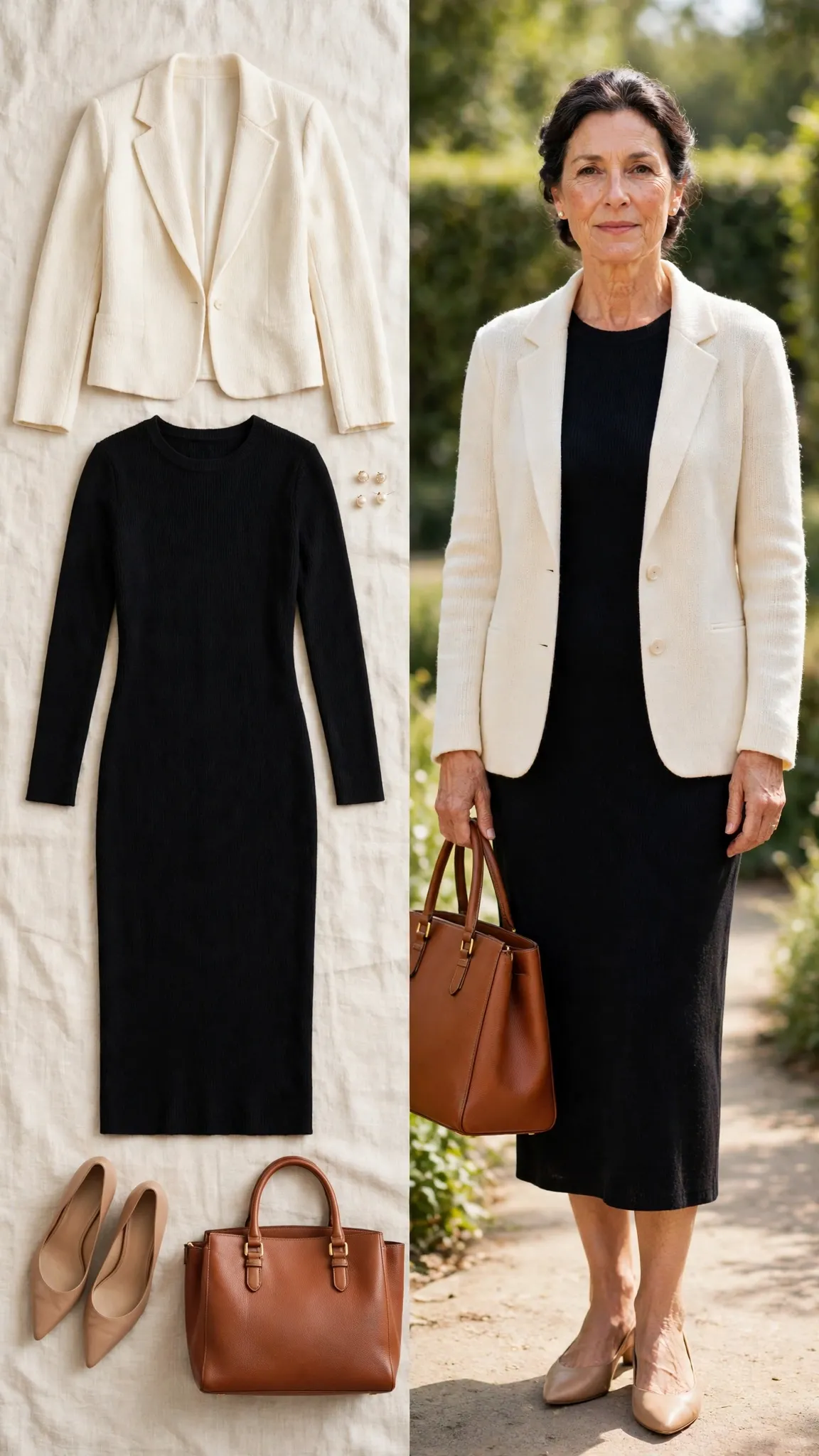 Split outfit idea: Knit Column Dress and Knit Blazer flat lay, and a mature woman over 50 wearing it