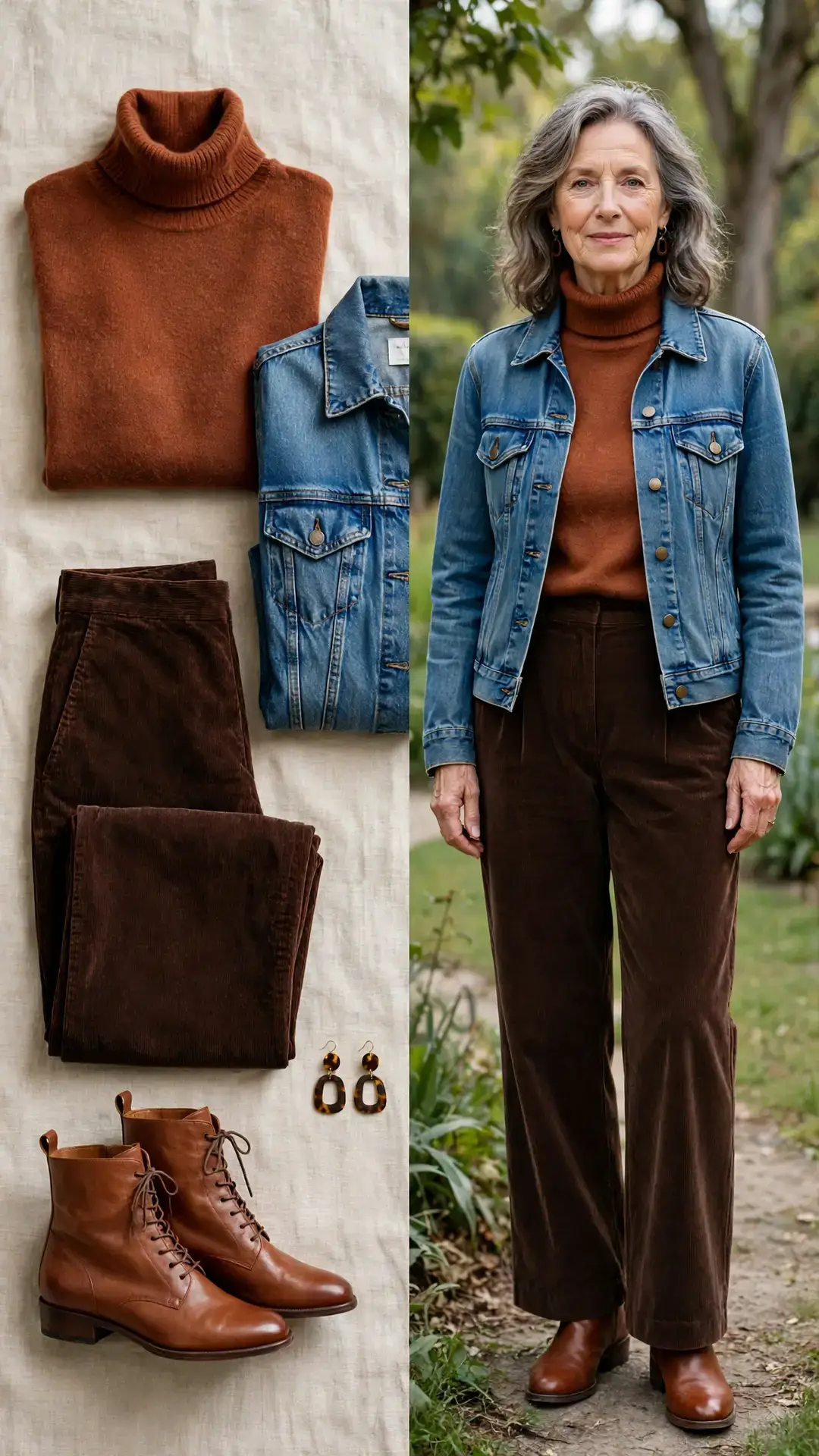 Split outfit idea: rust turtleneck and medium-wash denim jacket flat lay and a mature woman wearing them with chocolate corduroy trousers and cognac ankle boots