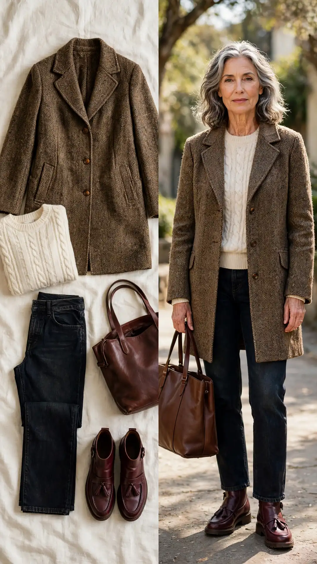 Brown tweed wool coat with cream cable-knit sweater, dark jeans and burgundy loafer boots