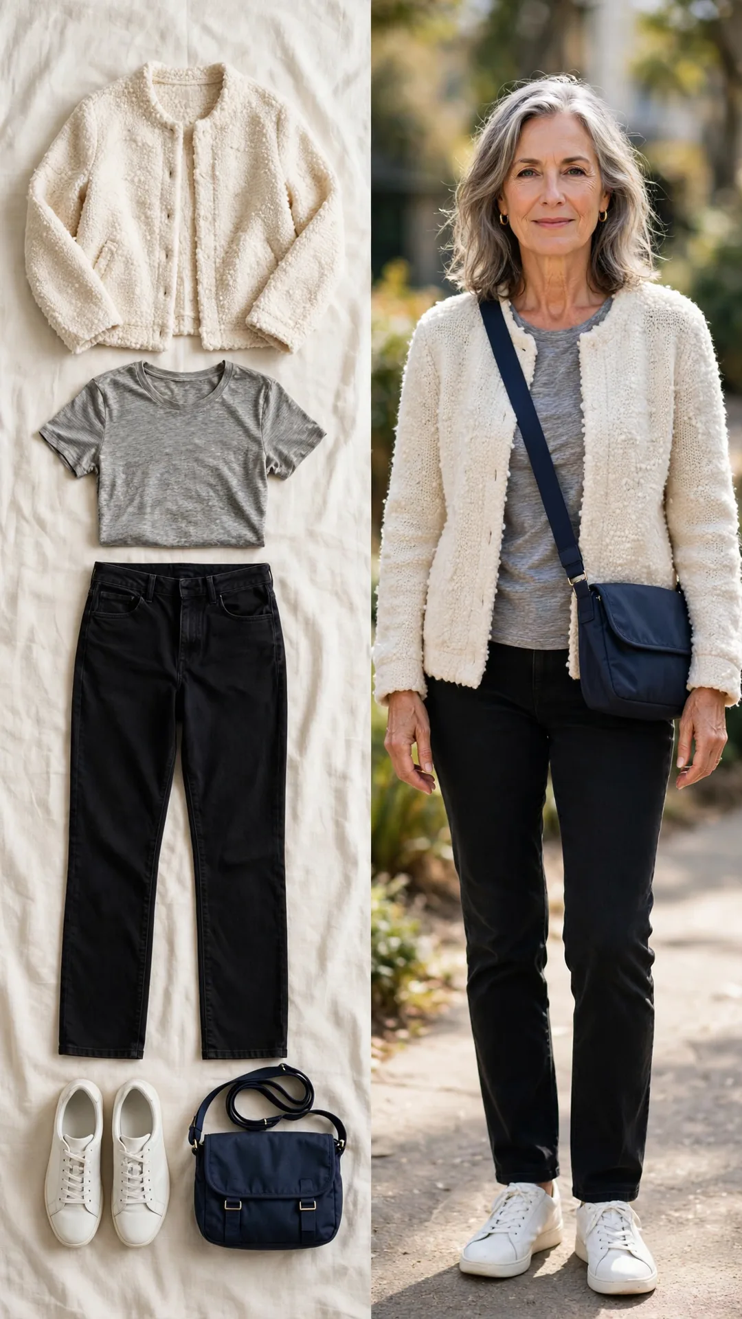 Split outfit idea: cream boucle knit jacket, grey marle tee, black straight-leg jeans and white leather sneakers, and a mature woman wearing it with a navy crossbody bag.