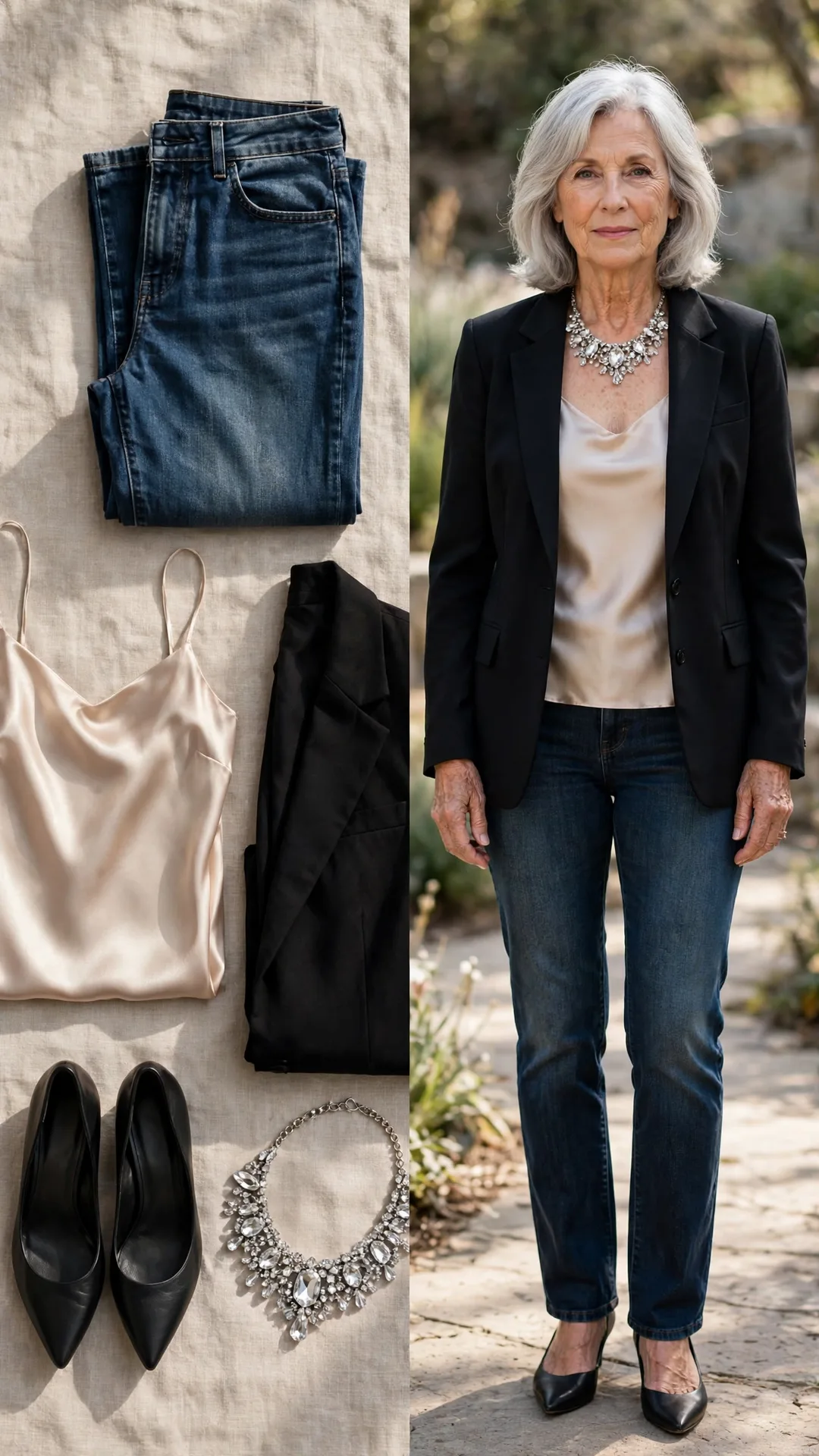 Split outfit idea: dark jeans, champagne satin camisole, black blazer and crystal necklace flat lay, and a mature woman wearing them for evening